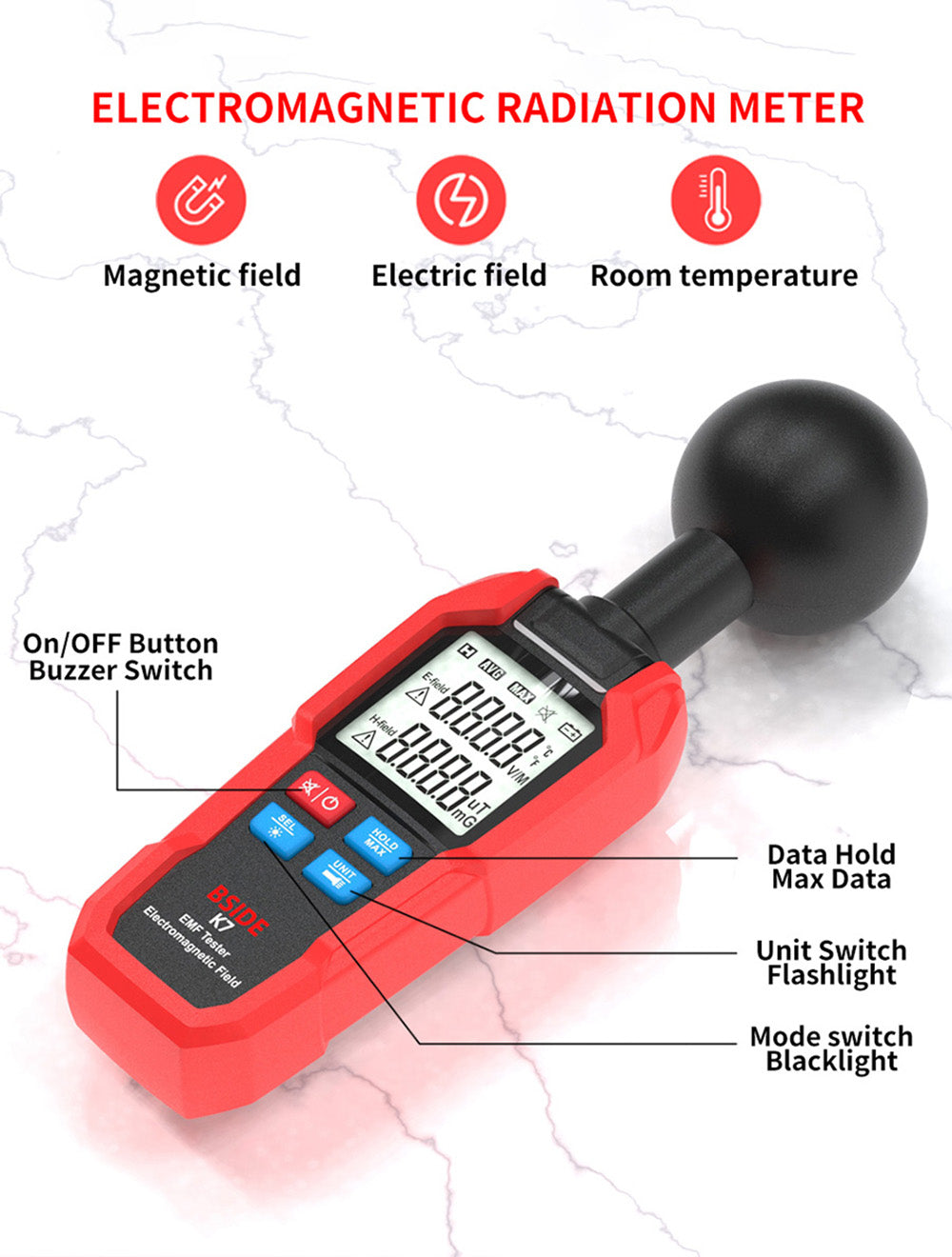 BSIDE K7 Electromagnetic Field Tester, EMF Meter, Radiation Signal Detector, 360° Auto Measurement, Sound & Light Alarm, with Overdose Flashlight, LCD Screen- Red, without Battery