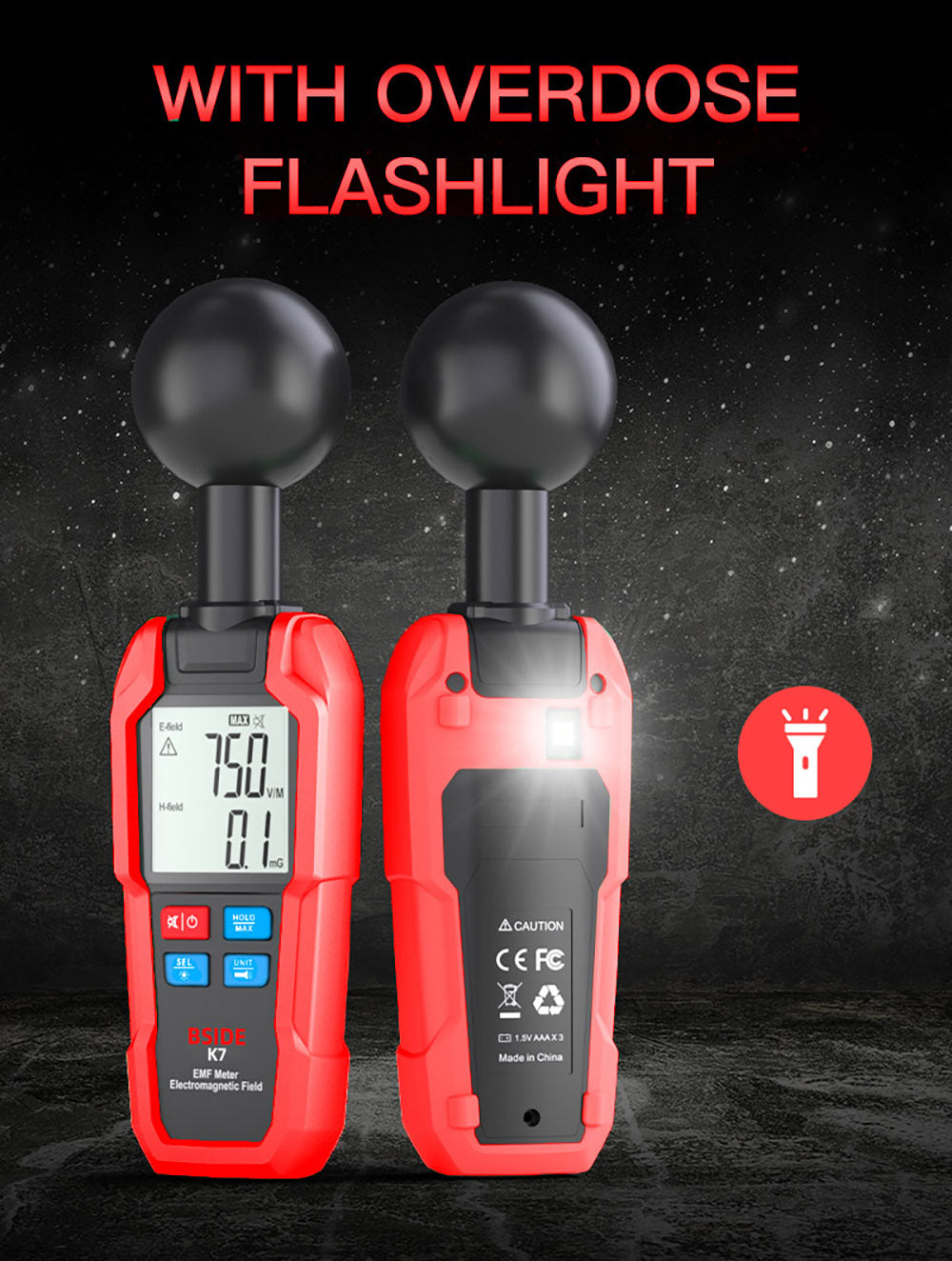 BSIDE K7 Electromagnetic Field Tester, EMF Meter, Radiation Signal Detector, 360° Auto Measurement, Sound & Light Alarm, with Overdose Flashlight, LCD Screen- Red, without Battery