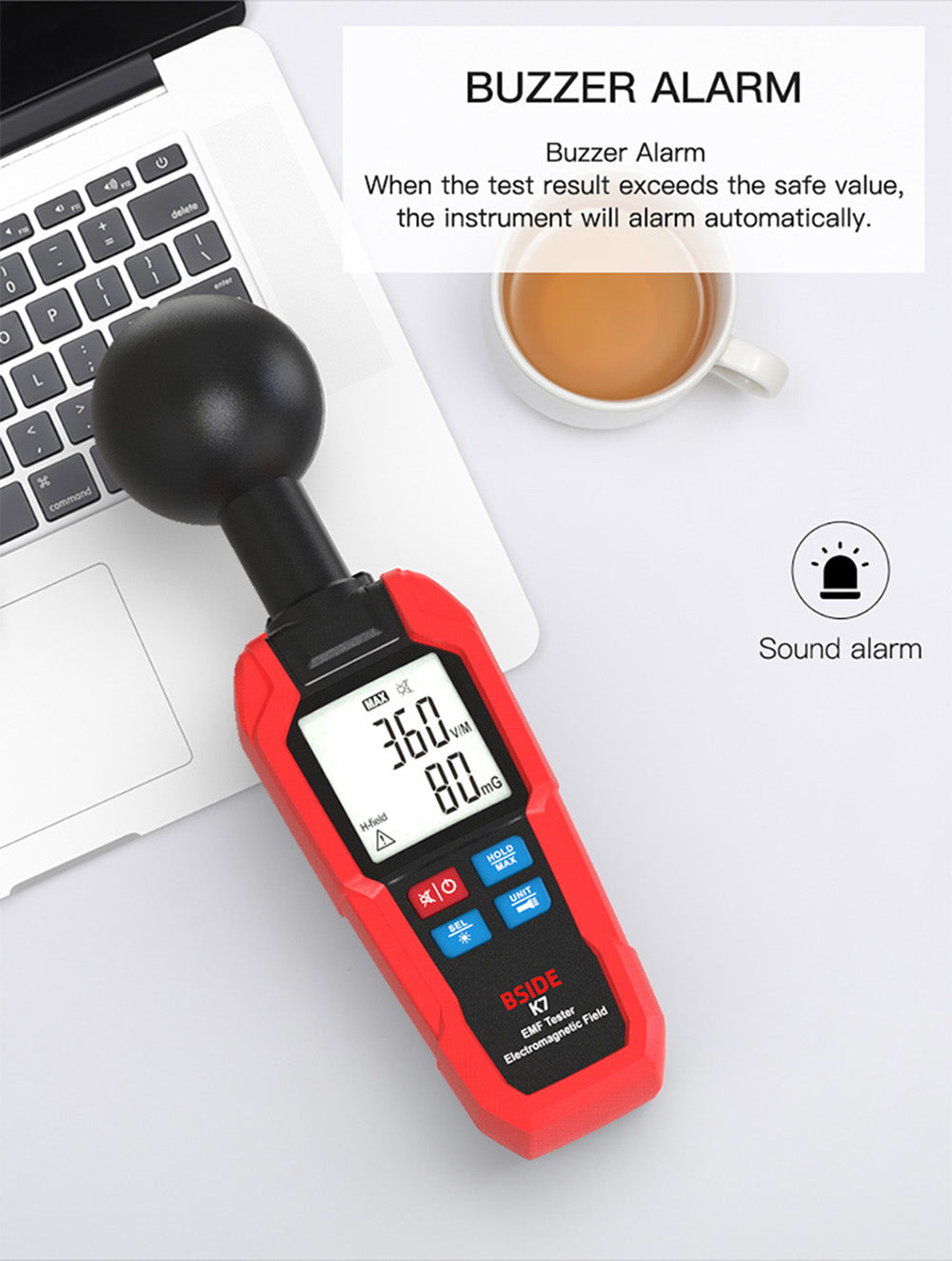 BSIDE K7 Electromagnetic Field Tester, EMF Meter, Radiation Signal Detector, 360° Auto Measurement, Sound & Light Alarm, with Overdose Flashlight, LCD Screen- Red, without Battery