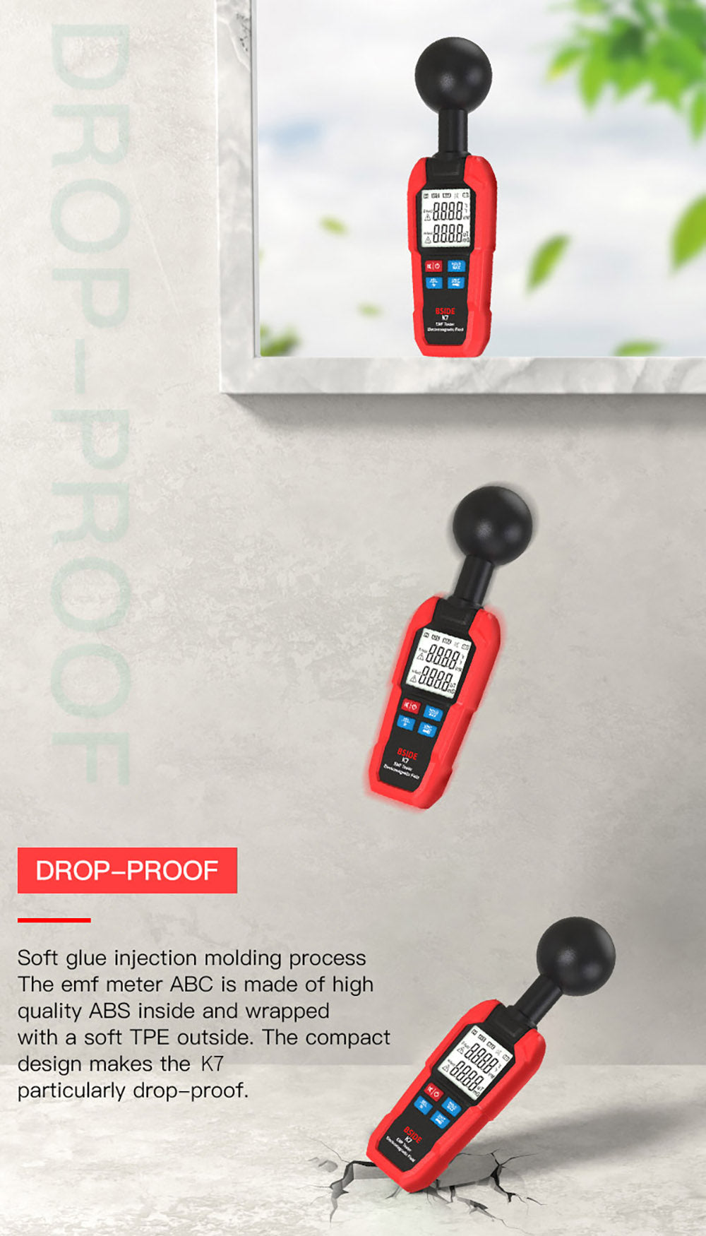 BSIDE K7 Electromagnetic Field Tester, EMF Meter, Radiation Signal Detector, 360° Auto Measurement, Sound & Light Alarm, with Overdose Flashlight, LCD Screen- Red, without Battery