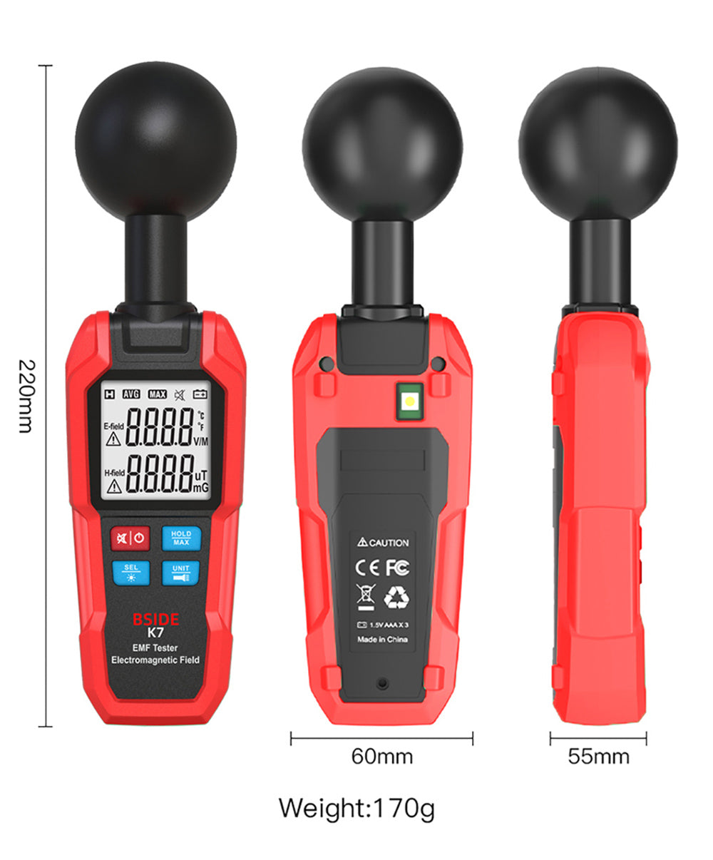 BSIDE K7 Electromagnetic Field Tester, EMF Meter, Radiation Signal Detector, 360° Auto Measurement, Sound & Light Alarm, with Overdose Flashlight, LCD Screen- Red, without Battery