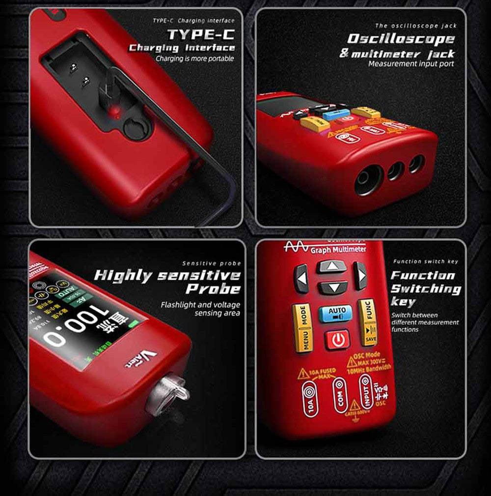 BSIDE O1 Digital Oscilloscope, Handheld Multimeter, Waveform Storage, Sampling Rate 48MSa/s 10MHz, Professional Electronic Components Tester - Red