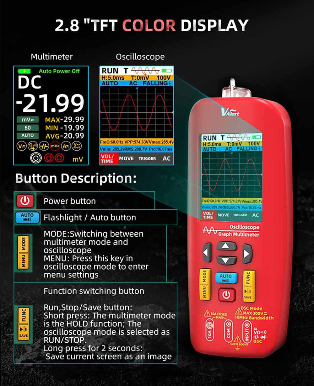 BSIDE O1 Digital Oscilloscope, Handheld Multimeter, Waveform Storage, Sampling Rate 48MSa/s 10MHz, Professional Electronic Components Tester - Red