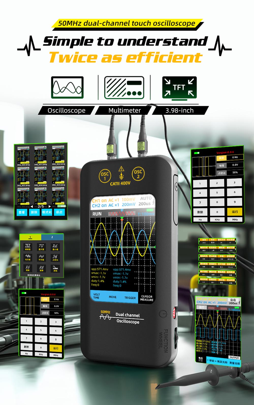BSIDE O2 Dual Channel Oscilloscope, 50MHz Bandwidth, Real-time Sampling Rate 250MSa/s, 3.98-inch TFT LCD Display, 7 Signal Waveforms