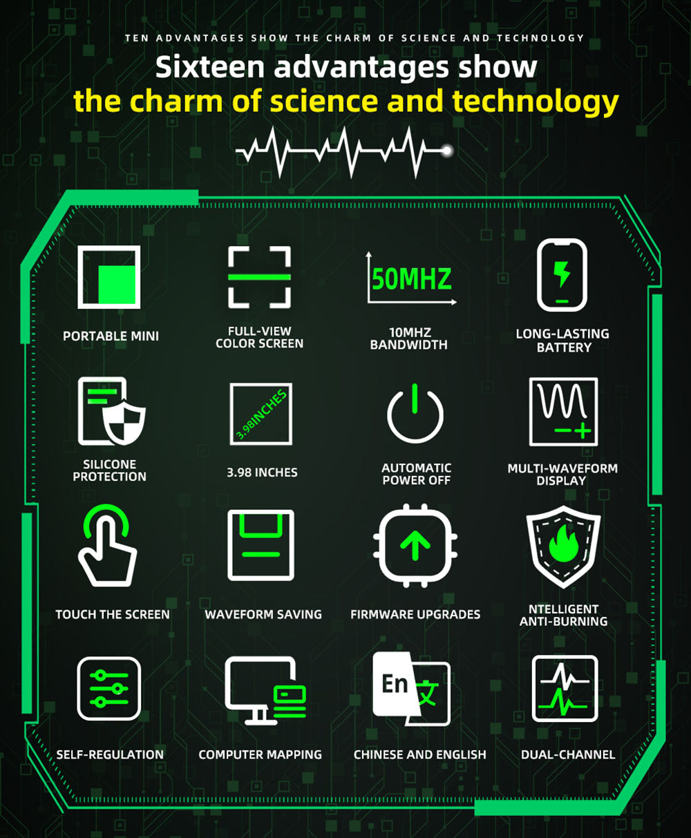 BSIDE O2 Dual Channel Oscilloscope, 50MHz Bandwidth, Real-time Sampling Rate 250MSa/s, 3.98-inch TFT LCD Display, 7 Signal Waveforms
