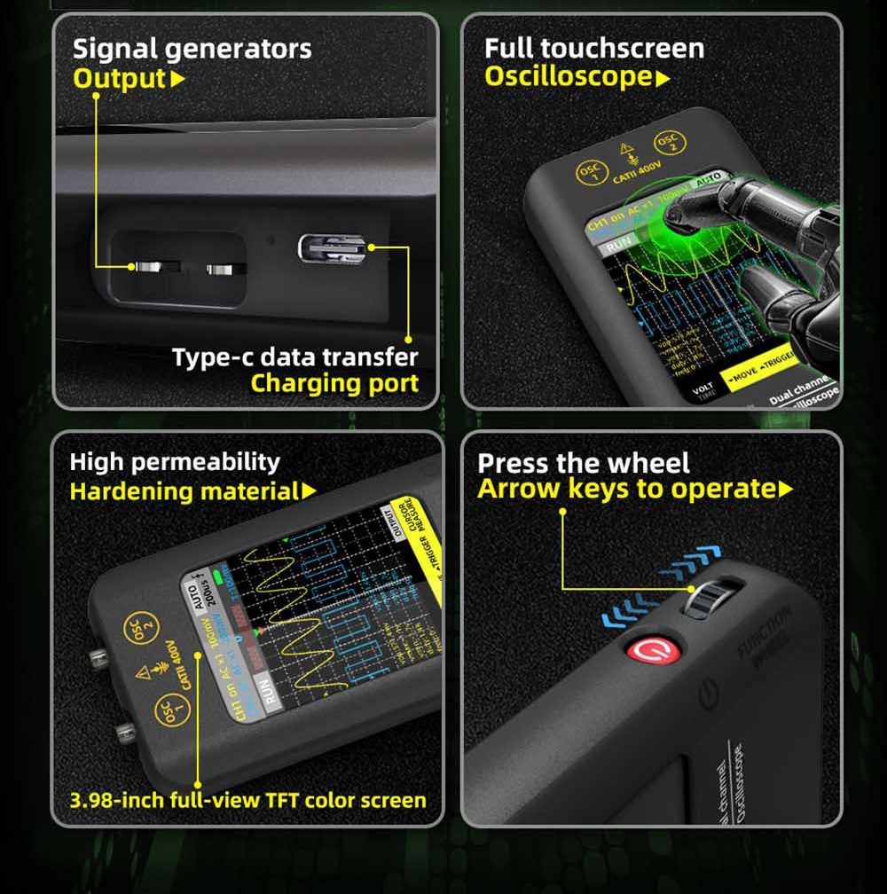BSIDE O2 Dual Channel Oscilloscope, 50MHz Bandwidth, Real-time Sampling Rate 250MSa/s, 3.98-inch TFT LCD Display, 7 Signal Waveforms
