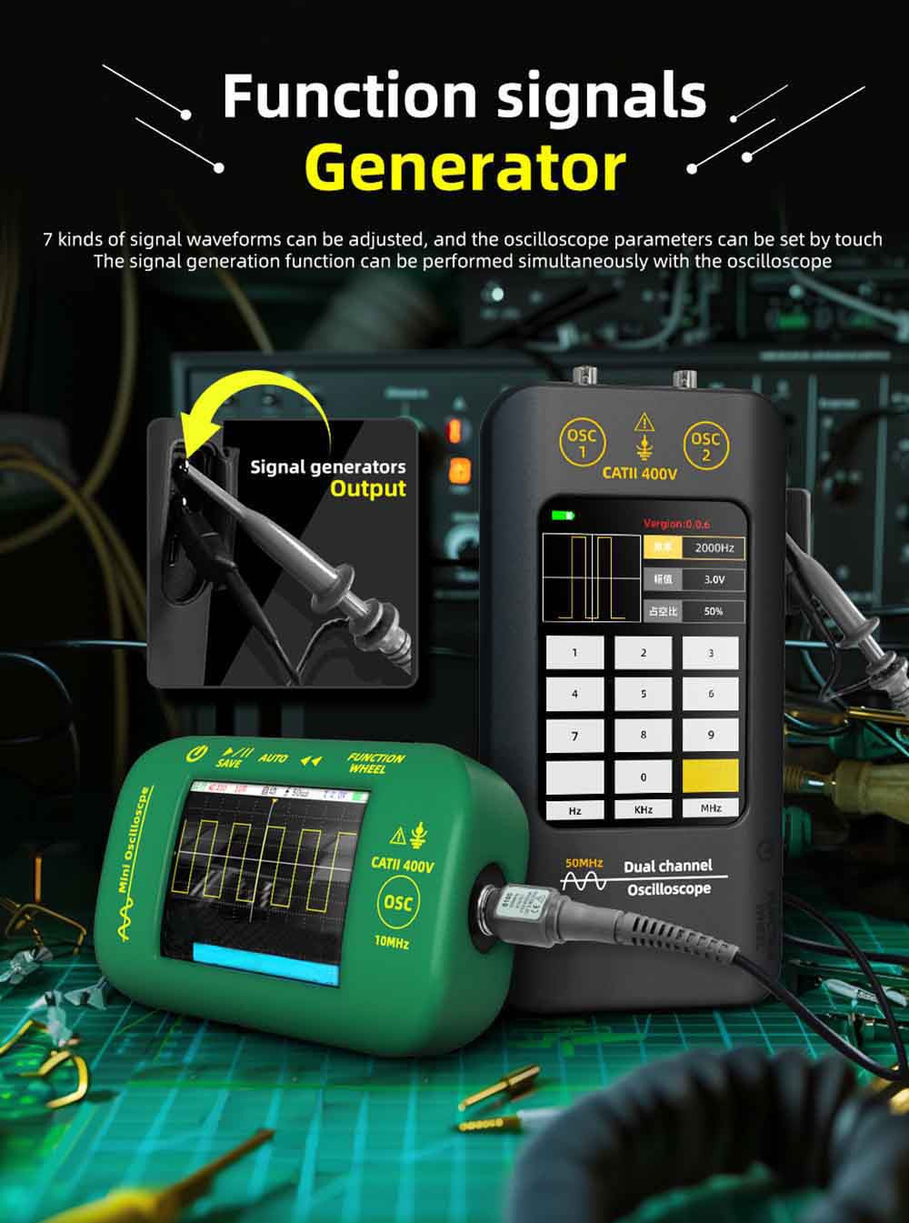 BSIDE O2 Dual Channel Oscilloscope, 50MHz Bandwidth, Real-time Sampling Rate 250MSa/s, 3.98-inch TFT LCD Display, 7 Signal Waveforms