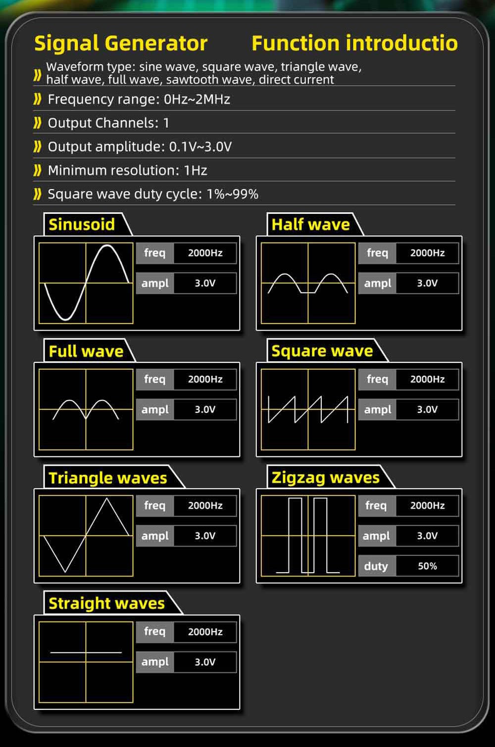 BSIDE O2 Dual Channel Oscilloscope, 50MHz Bandwidth, Real-time Sampling Rate 250MSa/s, 3.98-inch TFT LCD Display, 7 Signal Waveforms