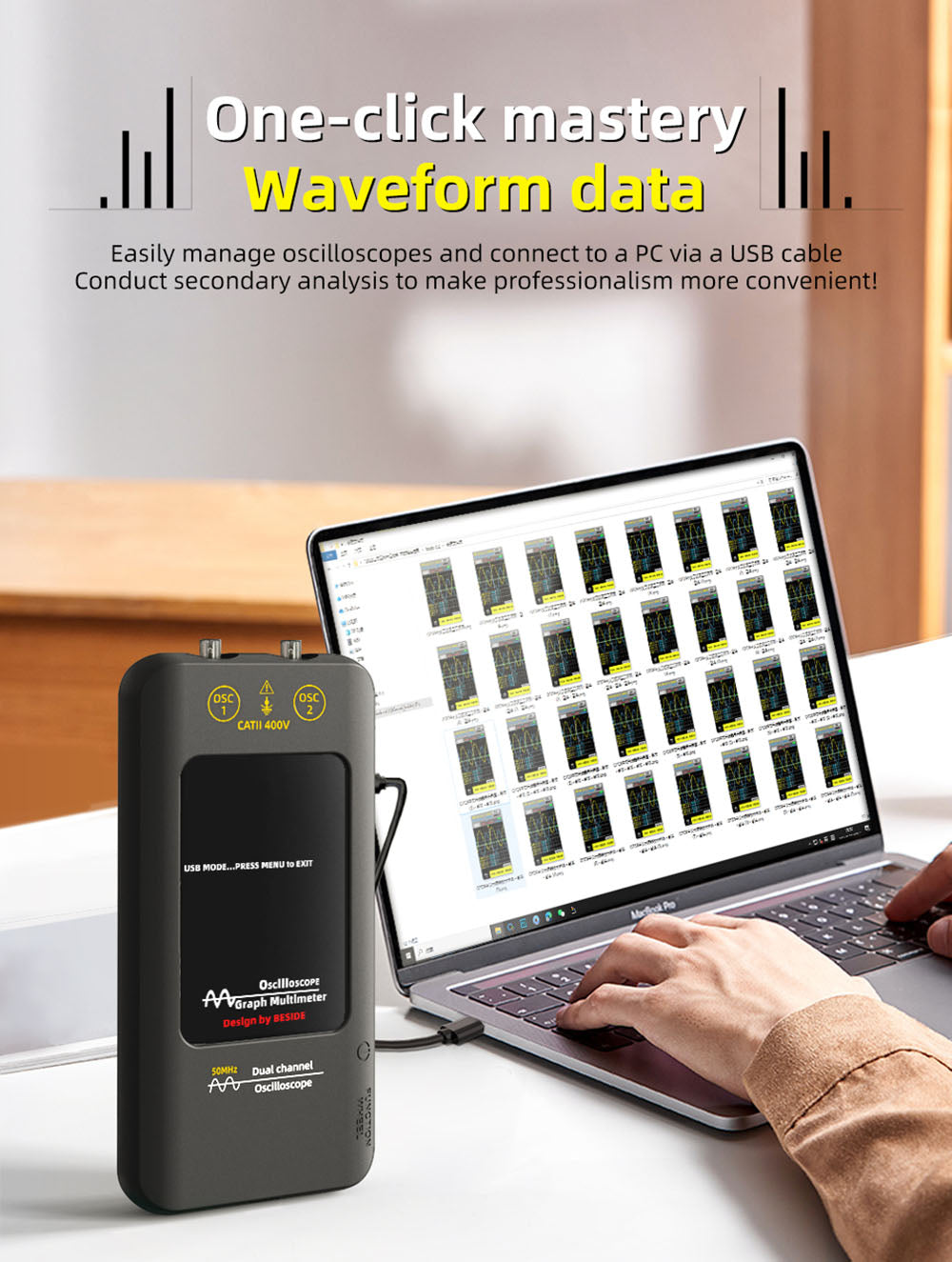 BSIDE O2 Dual Channel Oscilloscope, 50MHz Bandwidth, Real-time Sampling Rate 250MSa/s, 3.98-inch TFT LCD Display, 7 Signal Waveforms