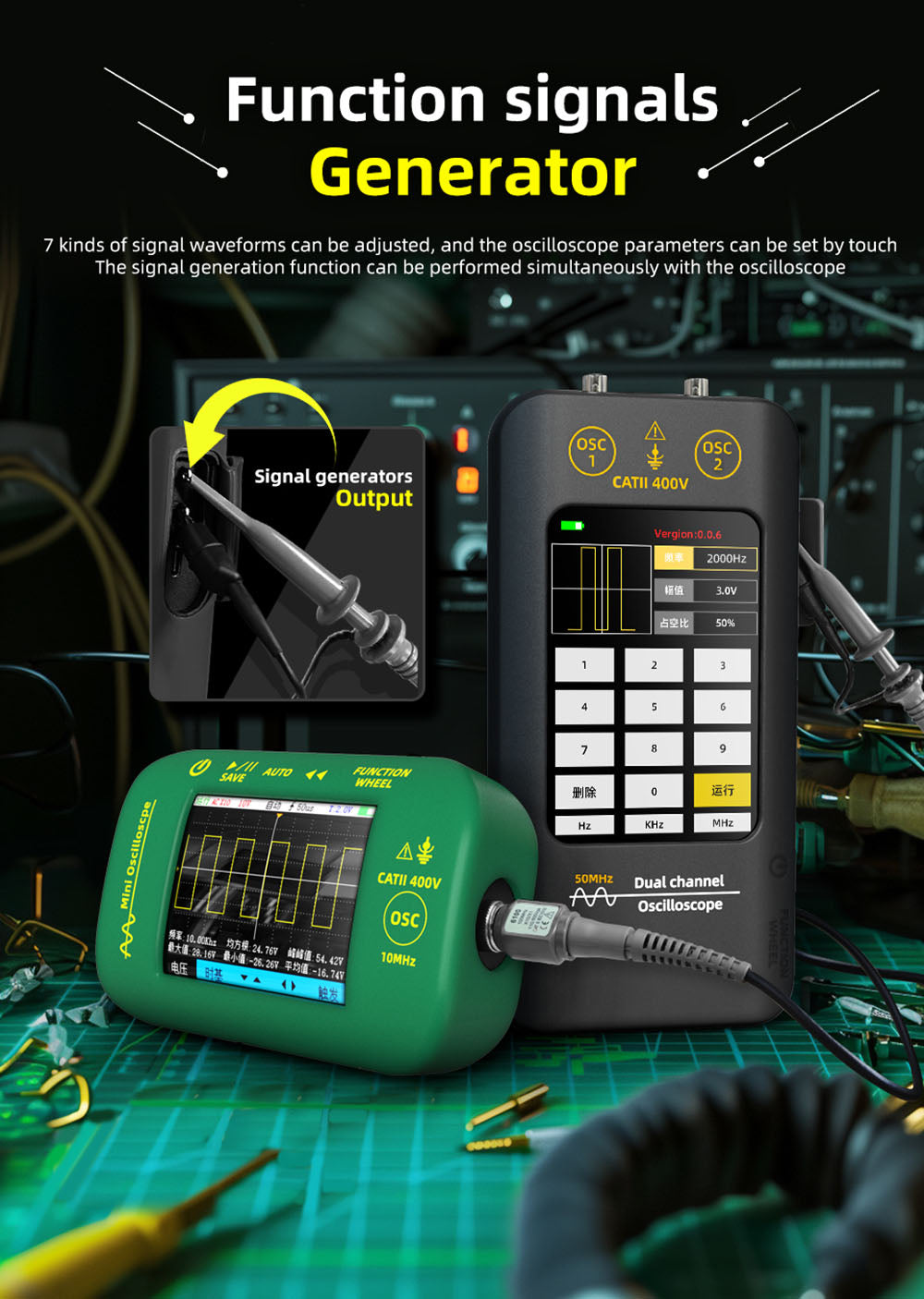 BSIDE O2 Dual Channel Oscilloscope, 50MHz Bandwidth, Real-time Sampling Rate 250MSa/s, 3.98-inch TFT LCD Display, 7 Signal Waveforms