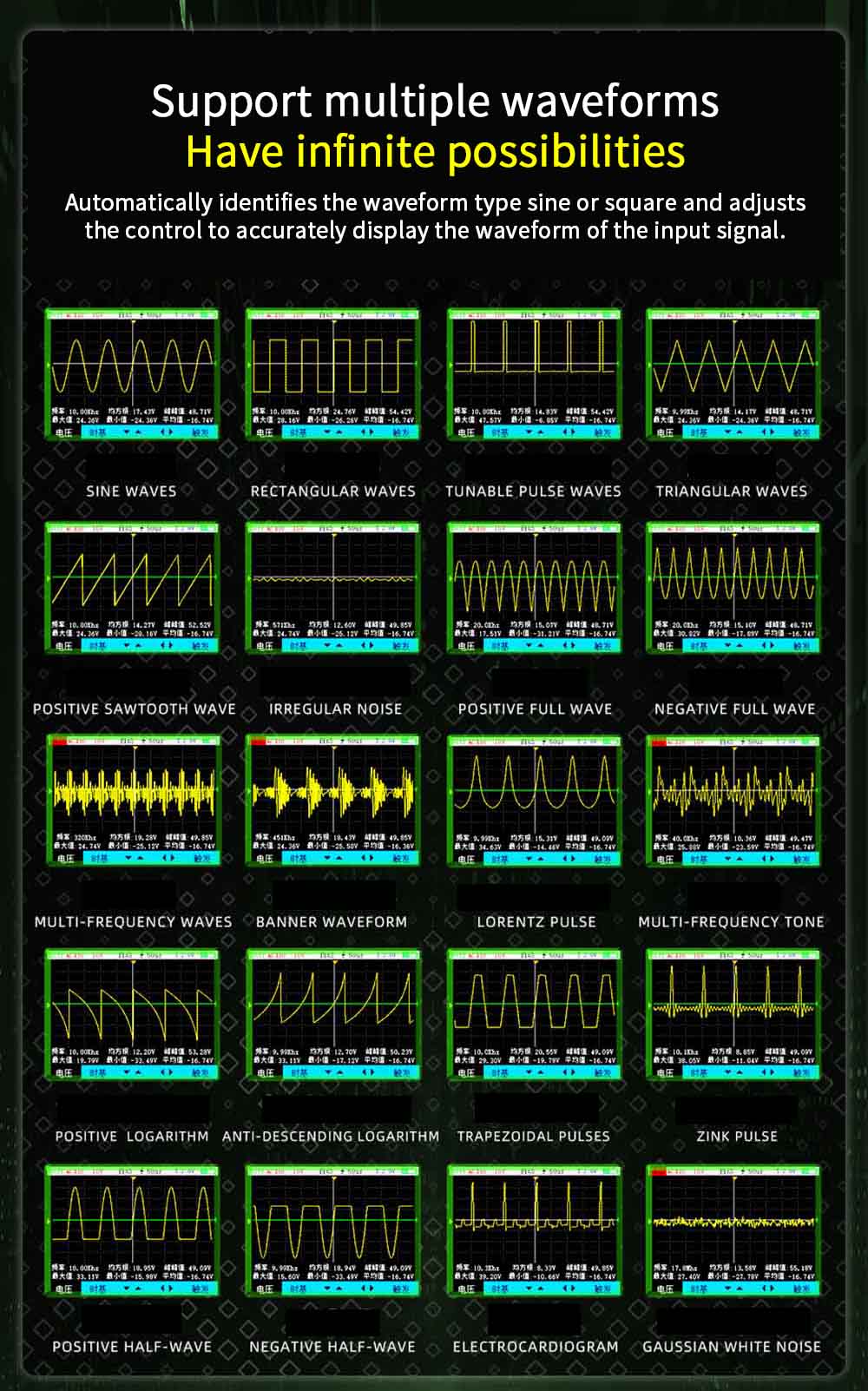 BSIDE O2 Dual Channel Oscilloscope, 50MHz Bandwidth, Real-time Sampling Rate 250MSa/s, 3.98-inch TFT LCD Display, 7 Signal Waveforms