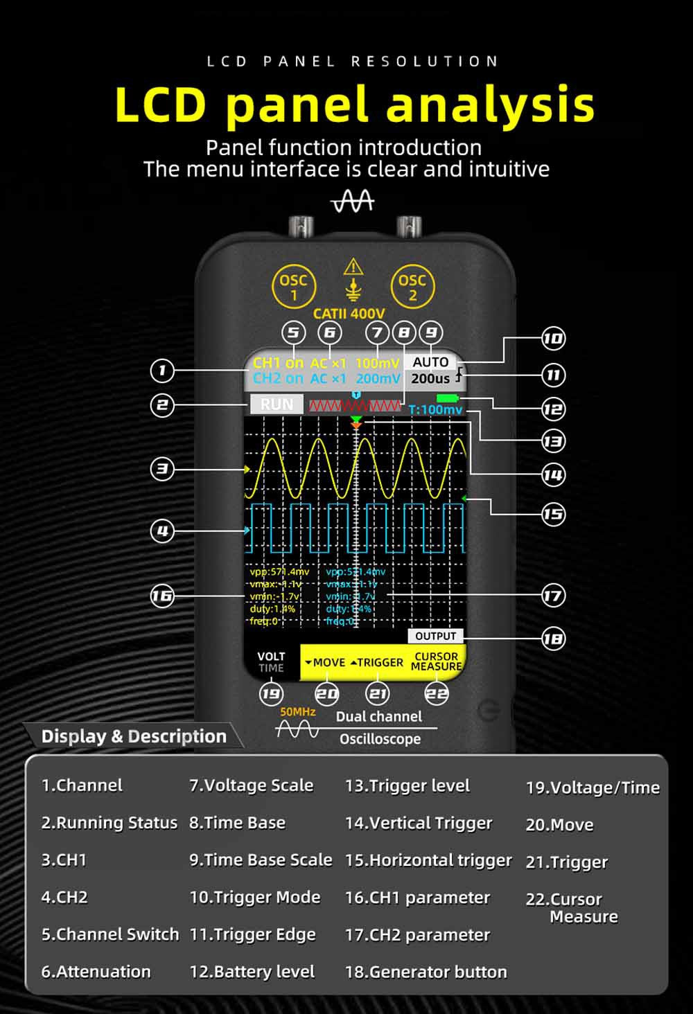 BSIDE O2 Dual Channel Oscilloscope, 50MHz Bandwidth, Real-time Sampling Rate 250MSa/s, 3.98-inch TFT LCD Display, 7 Signal Waveforms