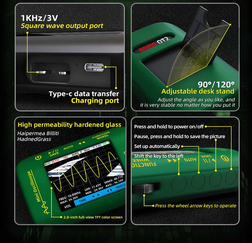 BSIDE OT2 Handheld Digital Oscilloscope Multimeter, 10MHz Bandwidth with 48MSa/s Sampling Rate, 2.8-inch LCD Screen