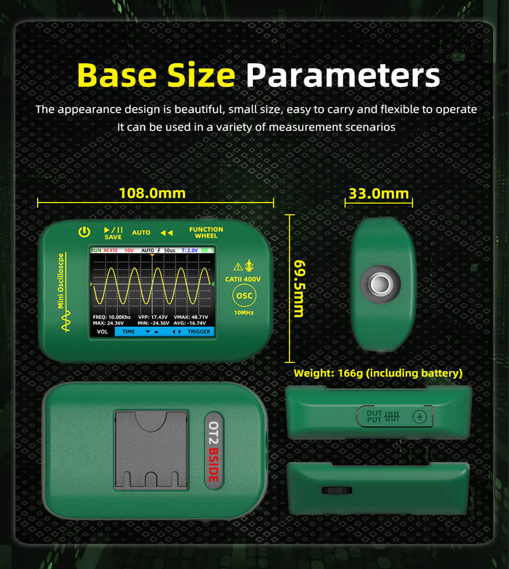 BSIDE OT2 Handheld Digital Oscilloscope Multimeter, 10MHz Bandwidth with 48MSa/s Sampling Rate, 2.8-inch LCD Screen