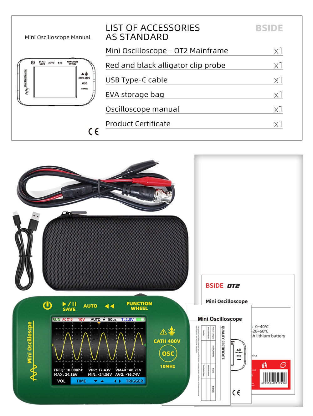 BSIDE OT2 Handheld Digital Oscilloscope Multimeter, 10MHz Bandwidth with 48MSa/s Sampling Rate, 2.8-inch LCD Screen