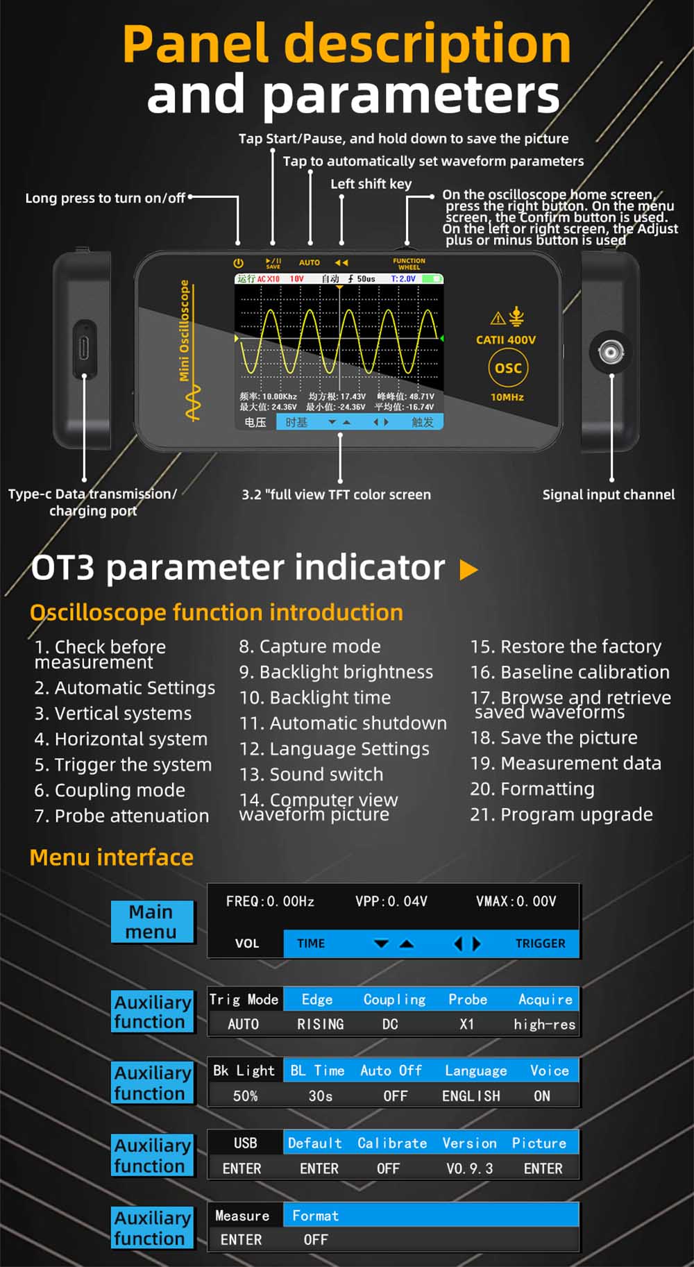 BSIDE OT3 Oscilloscope with Probe, 3.2