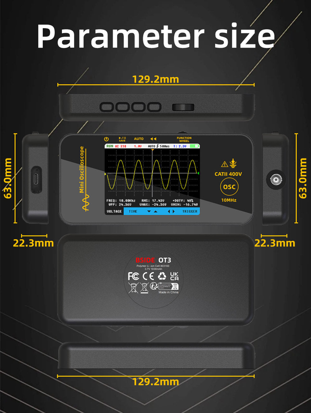 BSIDE OT3 Oscilloscope with Probe, 3.2