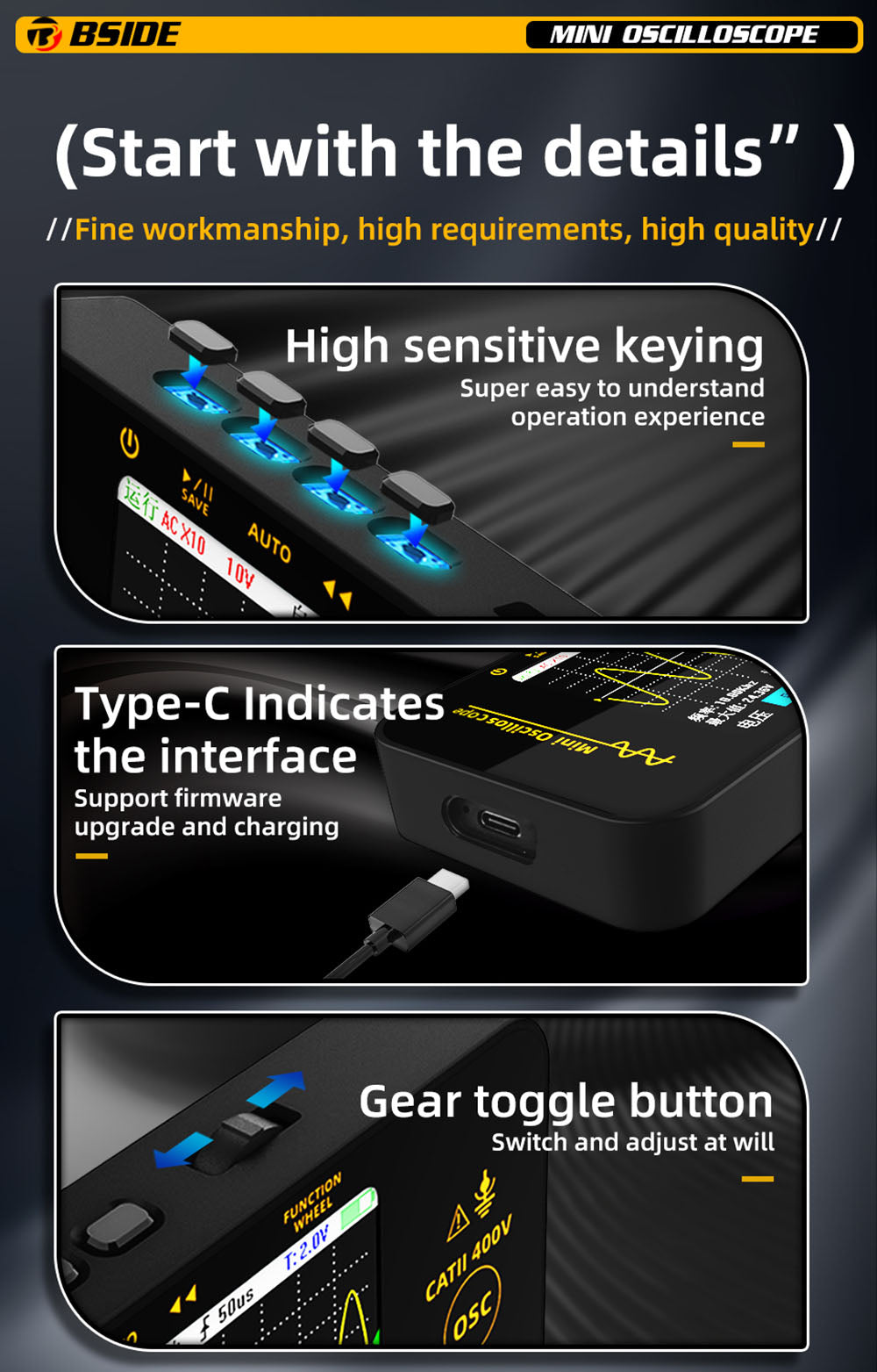 BSIDE OT3 Oscilloscope with Probe, 3.2