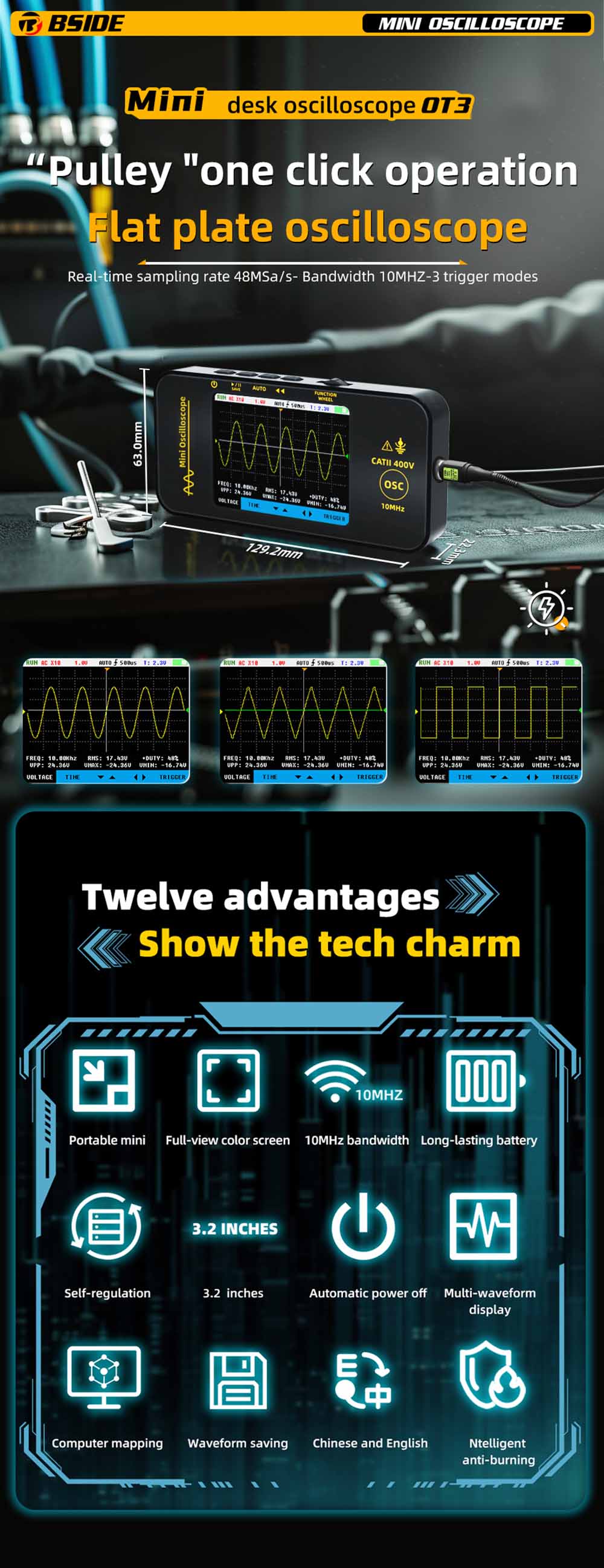BSIDE OT3 Oscilloscope with Probe, 3.2