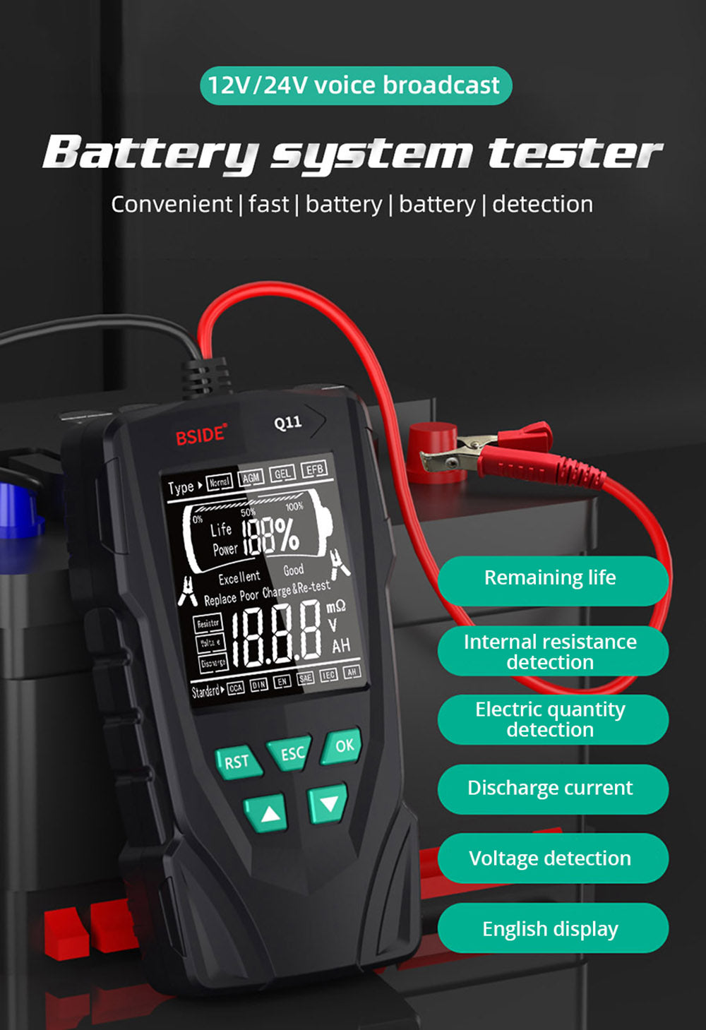 BSIDE Q11 Car Battery Tester, 12V 24V Digital Checker, CCA Lead Acid Battery Analyzer, 3Ah-200Ah Professional Automatic Detect Diagnostic Tool