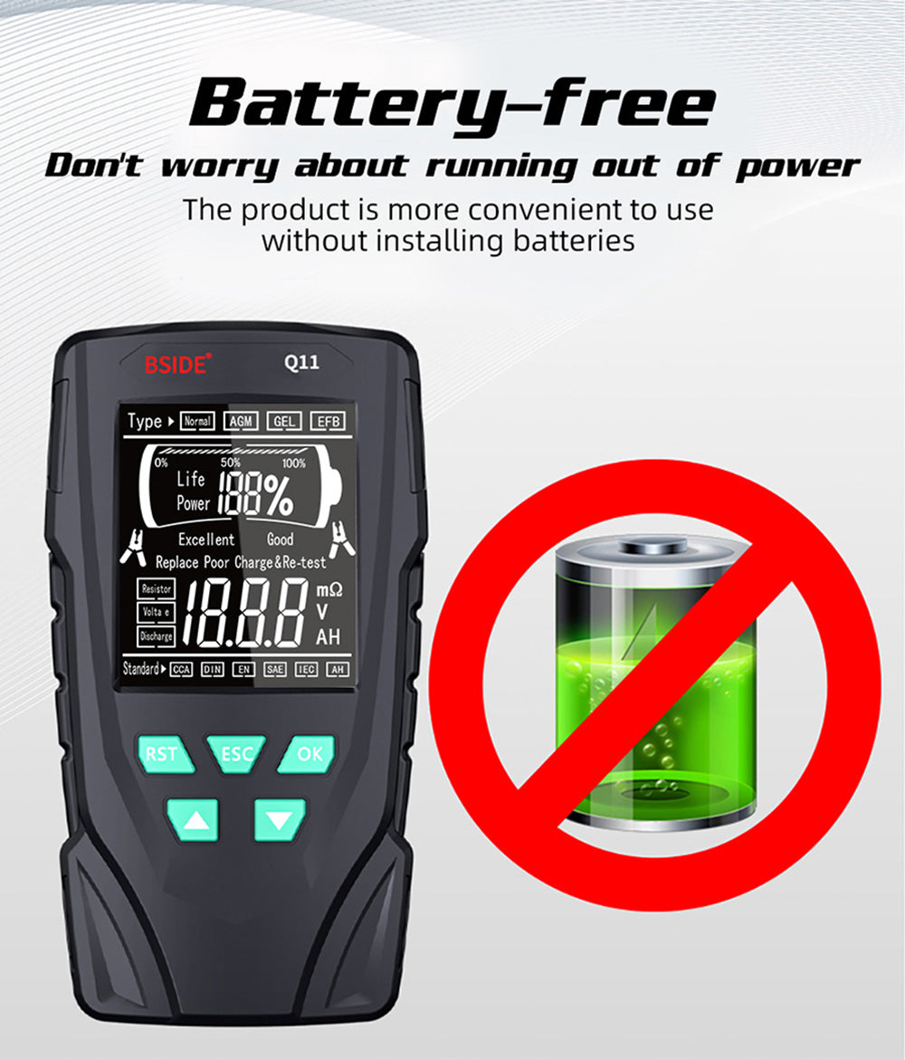 BSIDE Q11 Car Battery Tester, 12V 24V Digital Checker, CCA Lead Acid Battery Analyzer, 3Ah-200Ah Professional Automatic Detect Diagnostic Tool