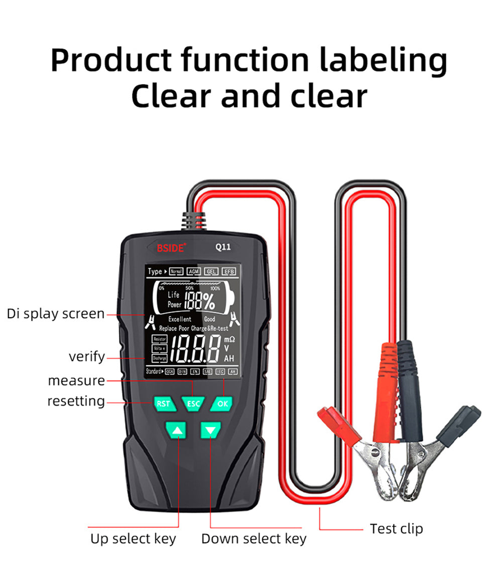 BSIDE Q11 Car Battery Tester, 12V 24V Digital Checker, CCA Lead Acid Battery Analyzer, 3Ah-200Ah Professional Automatic Detect Diagnostic Tool