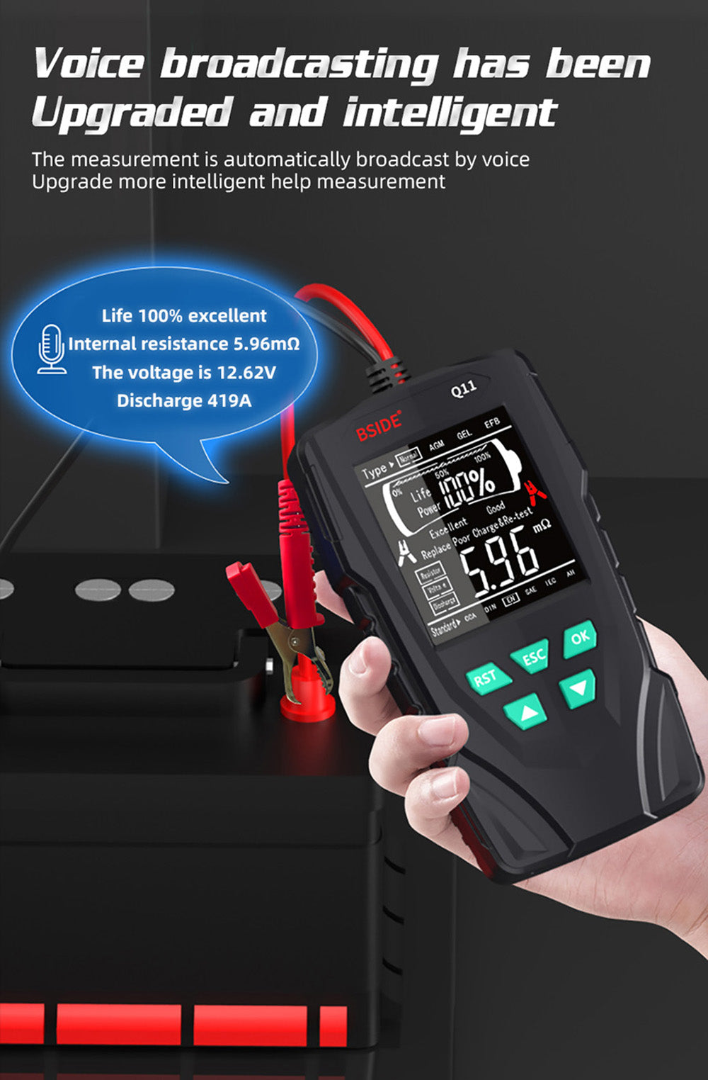 BSIDE Q11 Car Battery Tester, 12V 24V Digital Checker, CCA Lead Acid Battery Analyzer, 3Ah-200Ah Professional Automatic Detect Diagnostic Tool