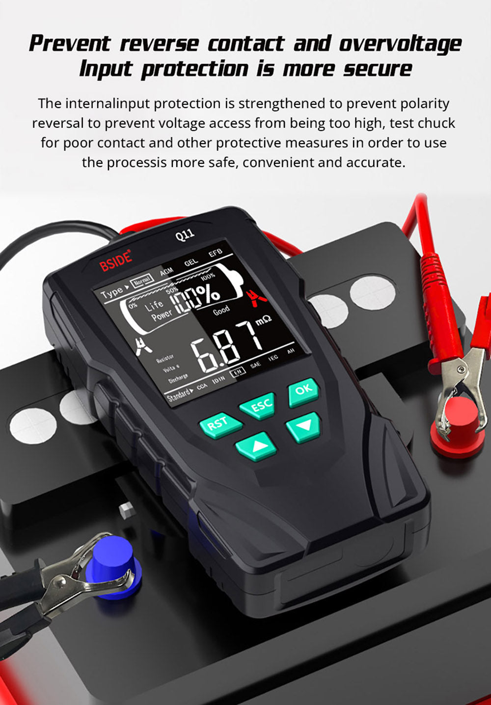 BSIDE Q11 Car Battery Tester, 12V 24V Digital Checker, CCA Lead Acid Battery Analyzer, 3Ah-200Ah Professional Automatic Detect Diagnostic Tool