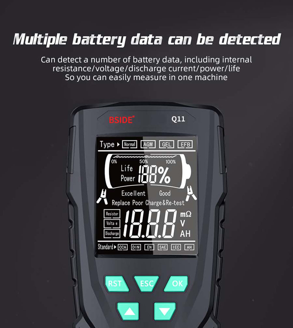 BSIDE Q11 Car Battery Tester, 12V 24V Digital Checker, CCA Lead Acid Battery Analyzer, 3Ah-200Ah Professional Automatic Detect Diagnostic Tool