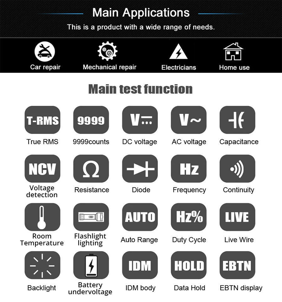 BSIDE S10 Smart Digital Multimeter, 3.5' Color LCD Screen, 9999 Counts, DC AC Voltage Capacitor Ohm Diode Tester, Black - without Battery