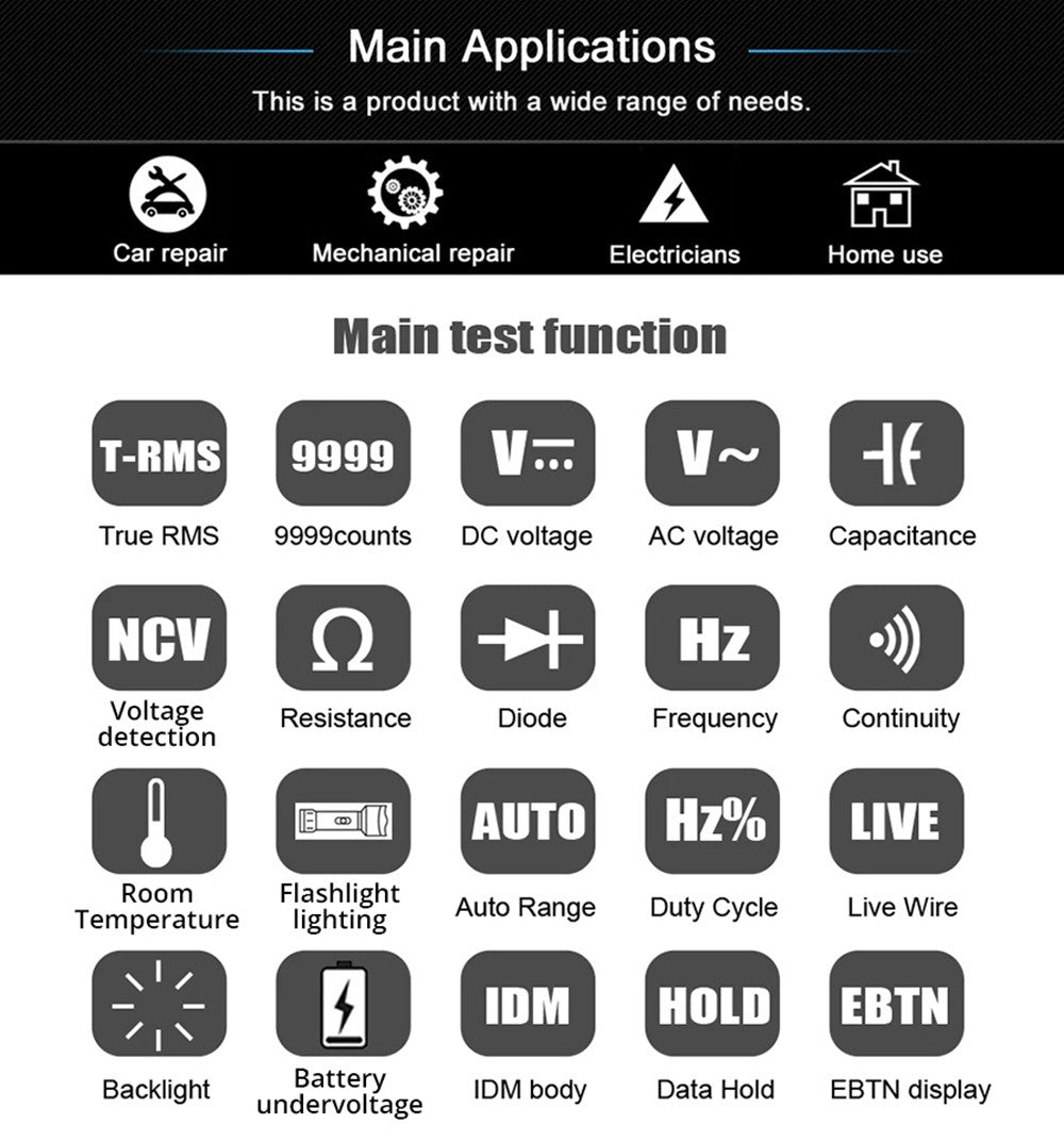 BSIDE S11 Digital Multimeter, Smart Electrician Tester, USB Charge, EBTN Color Display, T-RMS 9999 Counts, DC AC Voltage Capacitor Ohm Diode Tester, Black - with Battery