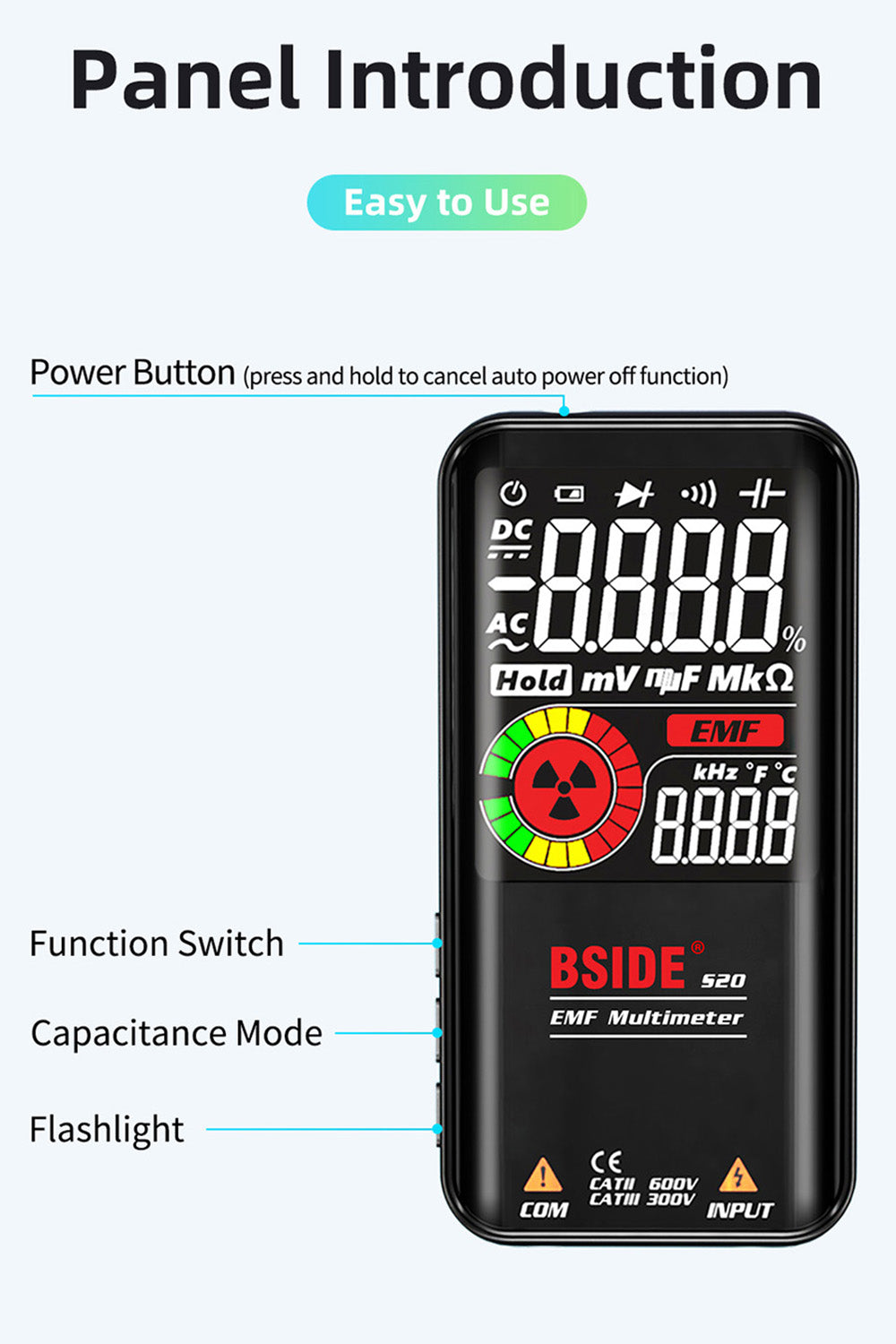 BSIDE S20 Electromagnetic Radiation Detector, Intelligent Multimeter, Color Screen, 9999 Counts, Auto Range, High precision Meter Radiation Monitor