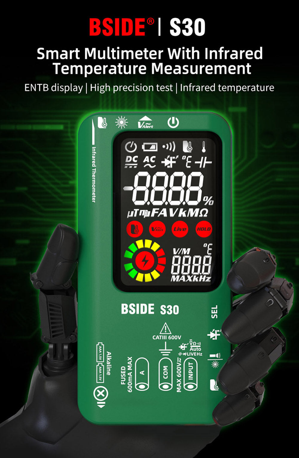 BSIDE S30 Digital Multimeter, Infrared Thermometer, True RMS 9999 Counts, DC AC Voltage Current 15V Diode Capacitor, Ohm NCV Rechargeable Tester - Black