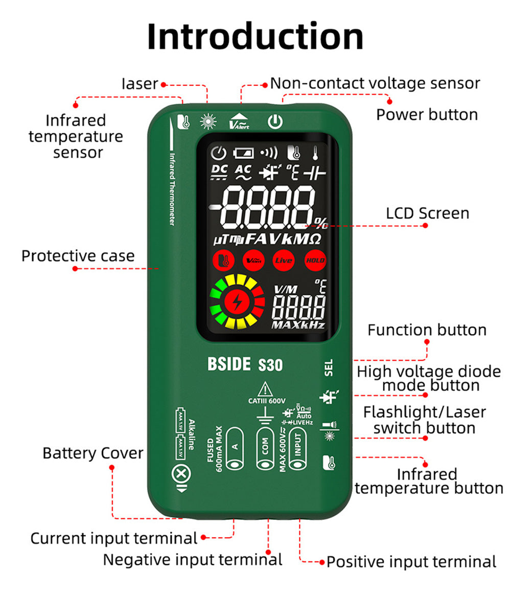BSIDE S30 Digital Multimeter, Infrared Thermometer, True RMS 9999 Counts, DC AC Voltage Current 15V Diode Capacitor, Ohm NCV Rechargeable Tester - Black