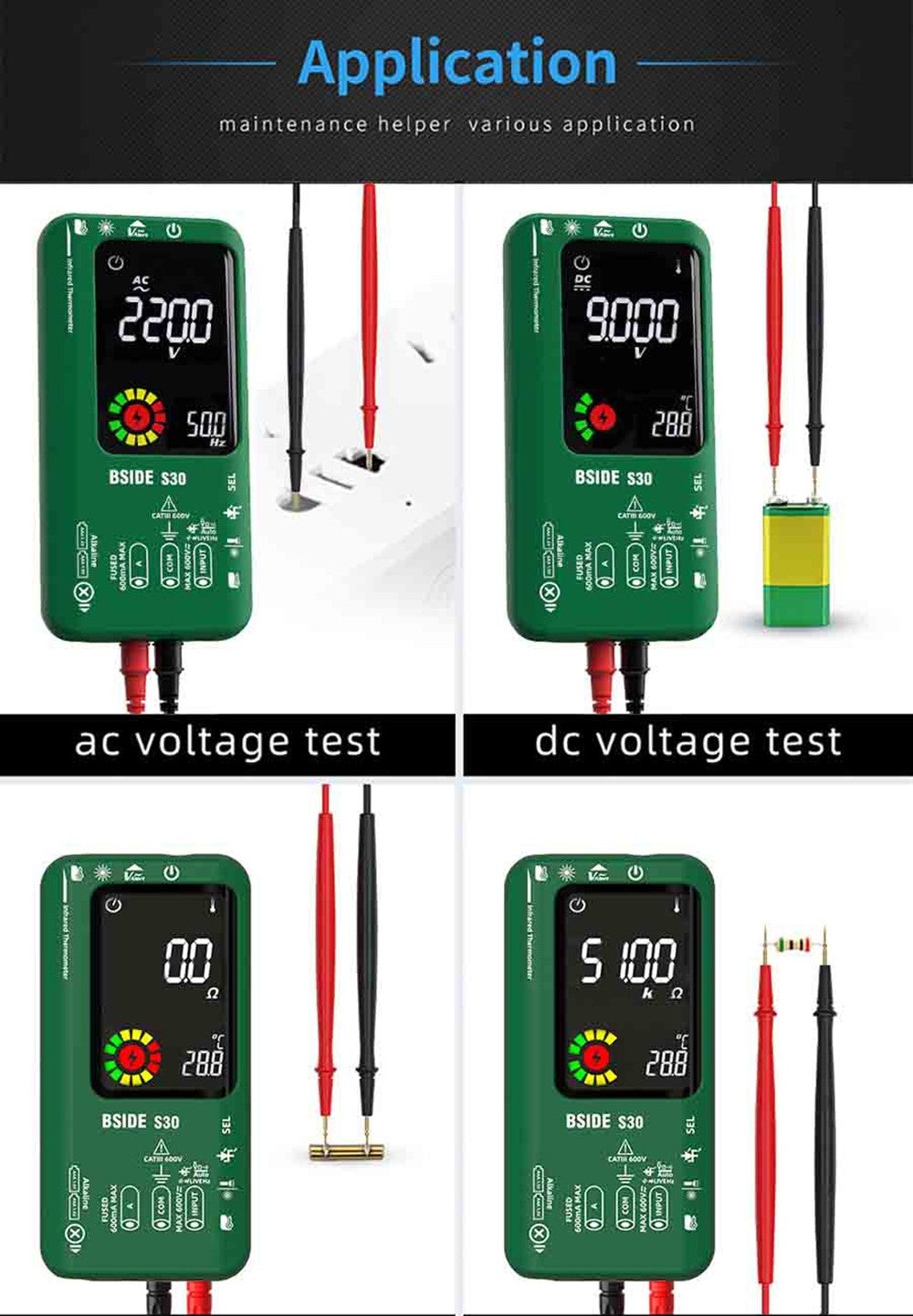 BSIDE S30 Digital Multimeter, Infrared Thermometer, True RMS 9999 Counts, DC AC Voltage Current 15V Diode Capacitor, Ohm NCV Rechargeable Tester - Black