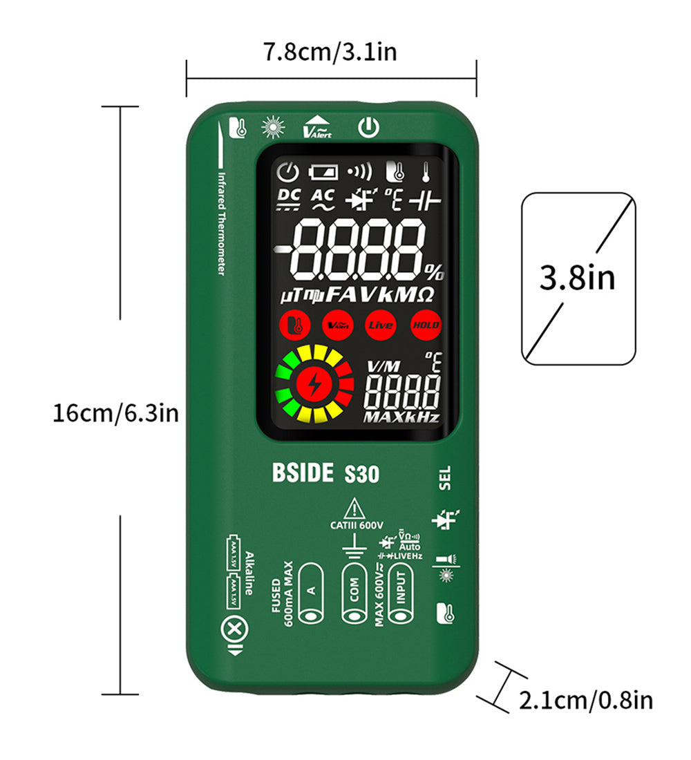 BSIDE S30 Digital Multimeter, Infrared Thermometer, True RMS 9999 Counts, DC AC Voltage Current 15V Diode Capacitor, Ohm NCV Rechargeable Tester - Black