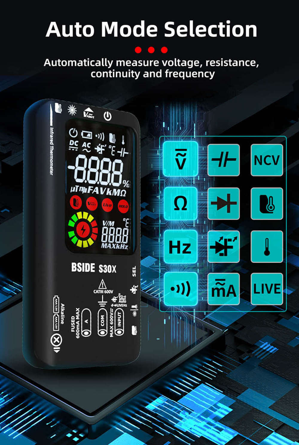 BSIDE S30X Digital Multimeter, Infrared Thermometer, Color Screen, True RMS 9999 Counts, Voltage Capacitance Resistance Frequency Diode Tester