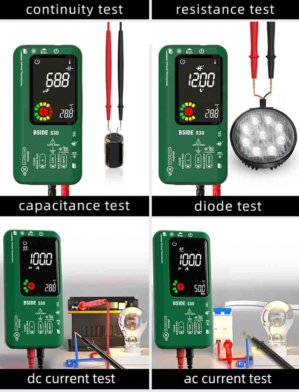 BSIDE S30X Digital Multimeter, Infrared Thermometer, Color Screen, True RMS 9999 Counts, Voltage Capacitance Resistance Frequency Diode Tester