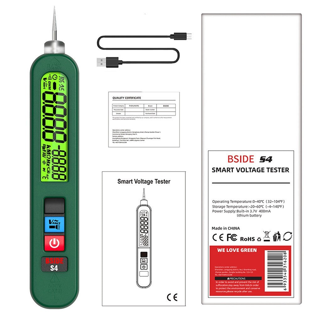 BSIDE S4 Smart Voltage Tester, 12-300V Auto Range, Non-Contact, Zero/Live Wire Detection, LED Flashlight, LCD Display - Green