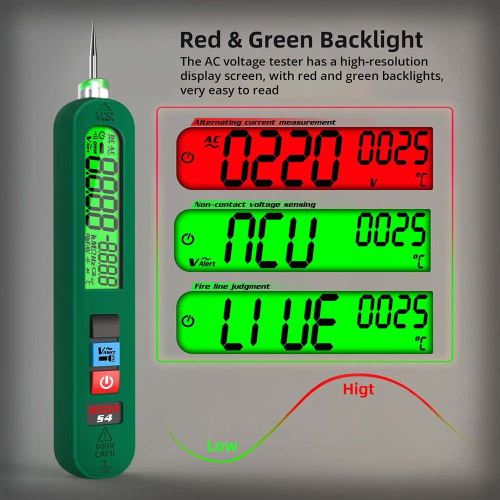 BSIDE S4 Smart Voltage Tester, 12-300V Auto Range, Non-Contact, Zero/Live Wire Detection, LED Flashlight, LCD Display - Green