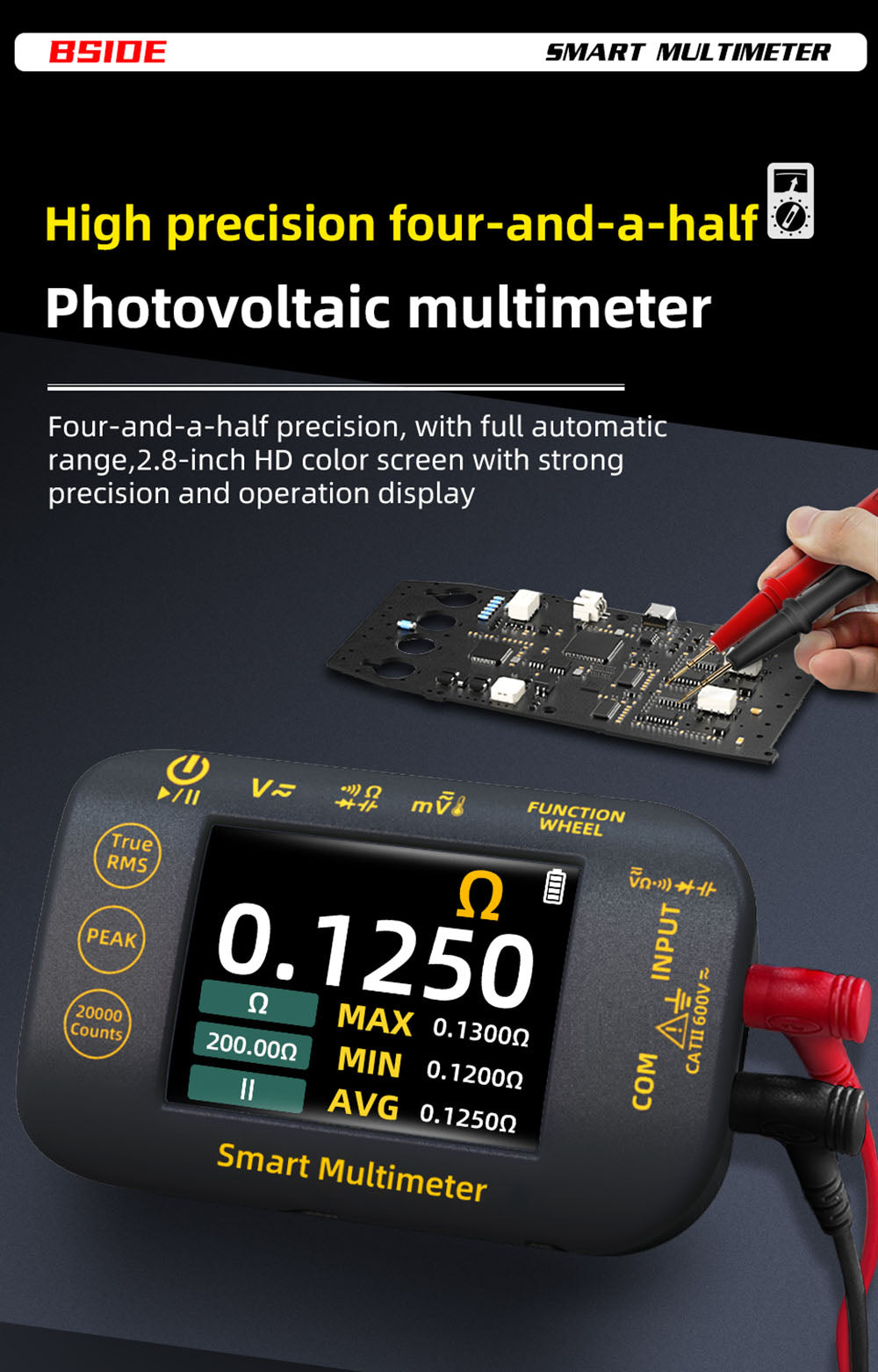 BSIDE S40 Digital Photovoltaic Multimeter, 2.8inch HD Color Screen, High Precision, High Voltage 1000V, Electrical Maintenance