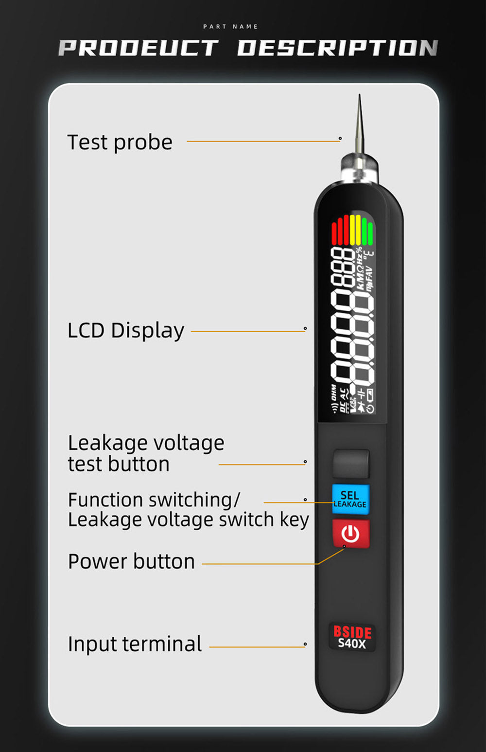 BSIDE S40X Digital Multimeter, Leakage Voltage Tester, AC DC Diode Resistance Capacitance Test, LCD Display, Breakpoint Search, High Precision, Fully Intelligent, USB Charge