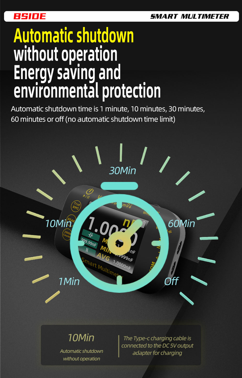 BSIDE S450 Digital Multimeter, 20000 Counts, 1000V, 2.8inch LCD Screen, Graphic Recording, Type-C Charging Port, Photovoltaic Voltage Millivolt AC Peak Meter