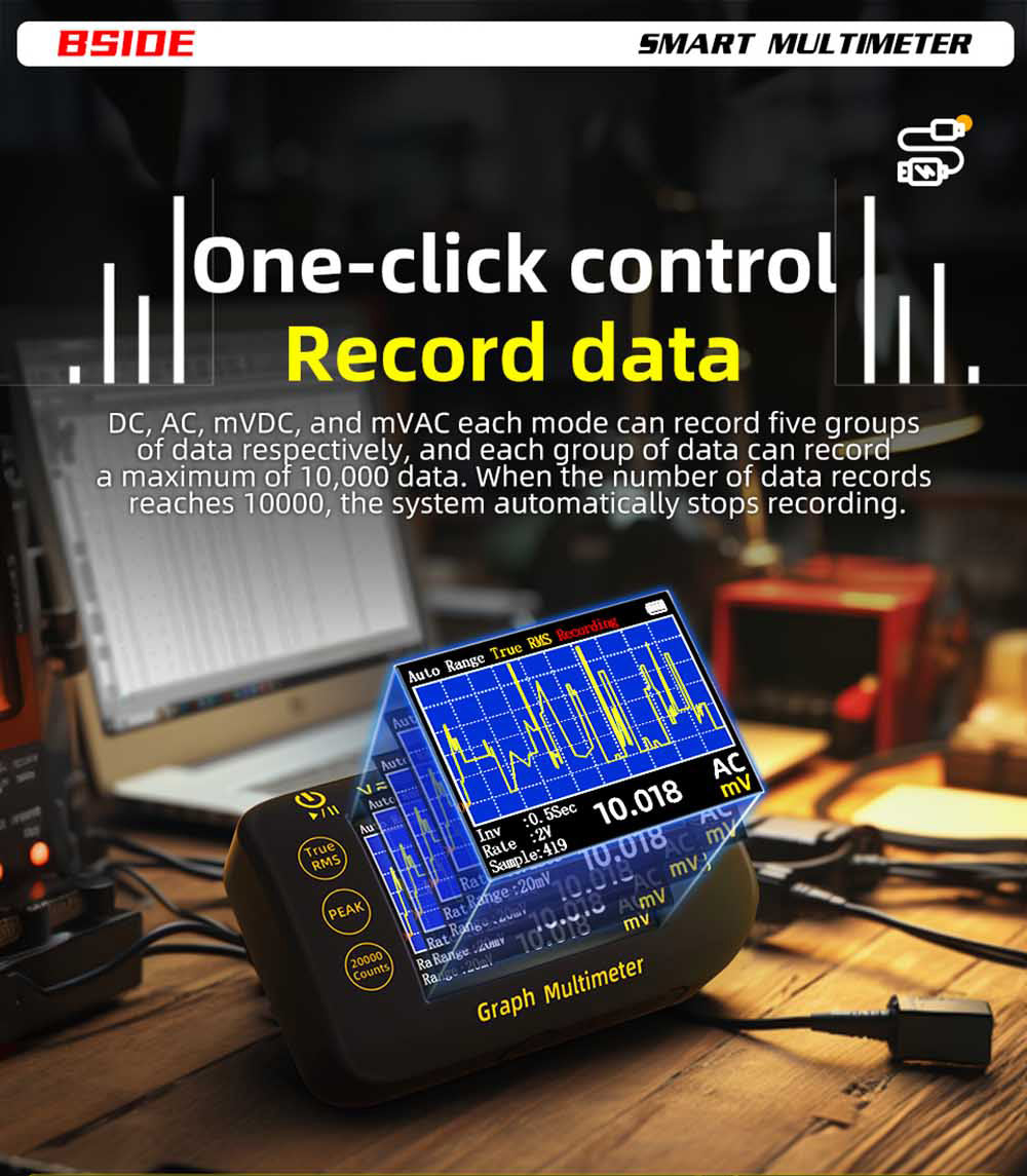 BSIDE S450 Digital Multimeter, 20000 Counts, 1000V, 2.8inch LCD Screen, Graphic Recording, Type-C Charging Port, Photovoltaic Voltage Millivolt AC Peak Meter