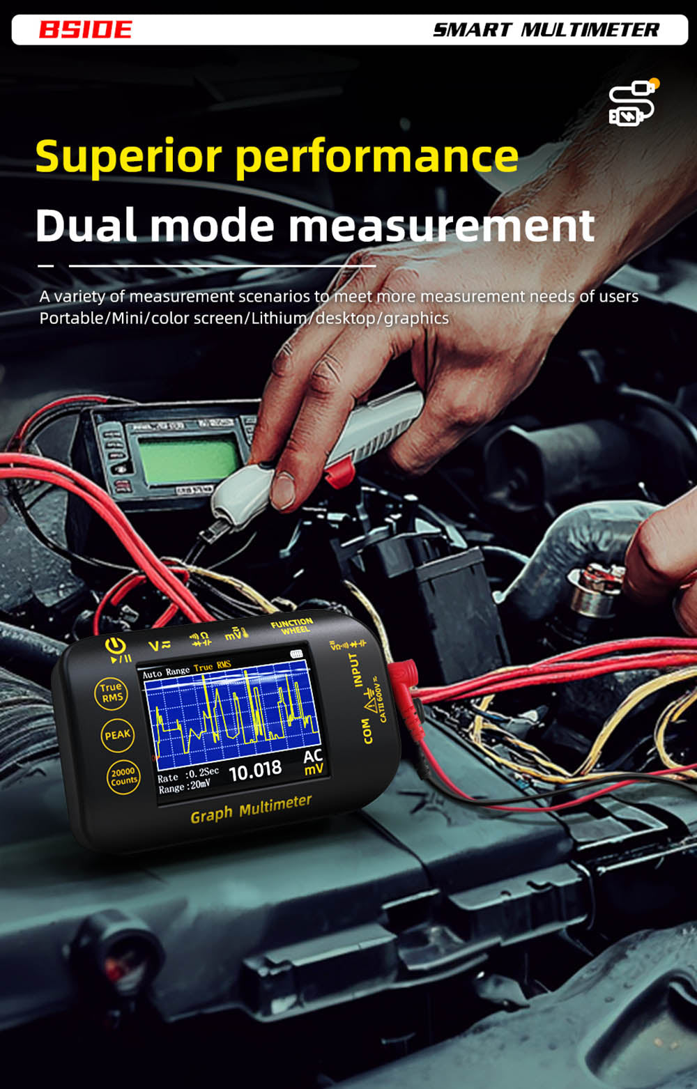 BSIDE S450 Digital Multimeter, 20000 Counts, 1000V, 2.8inch LCD Screen, Graphic Recording, Type-C Charging Port, Photovoltaic Voltage Millivolt AC Peak Meter