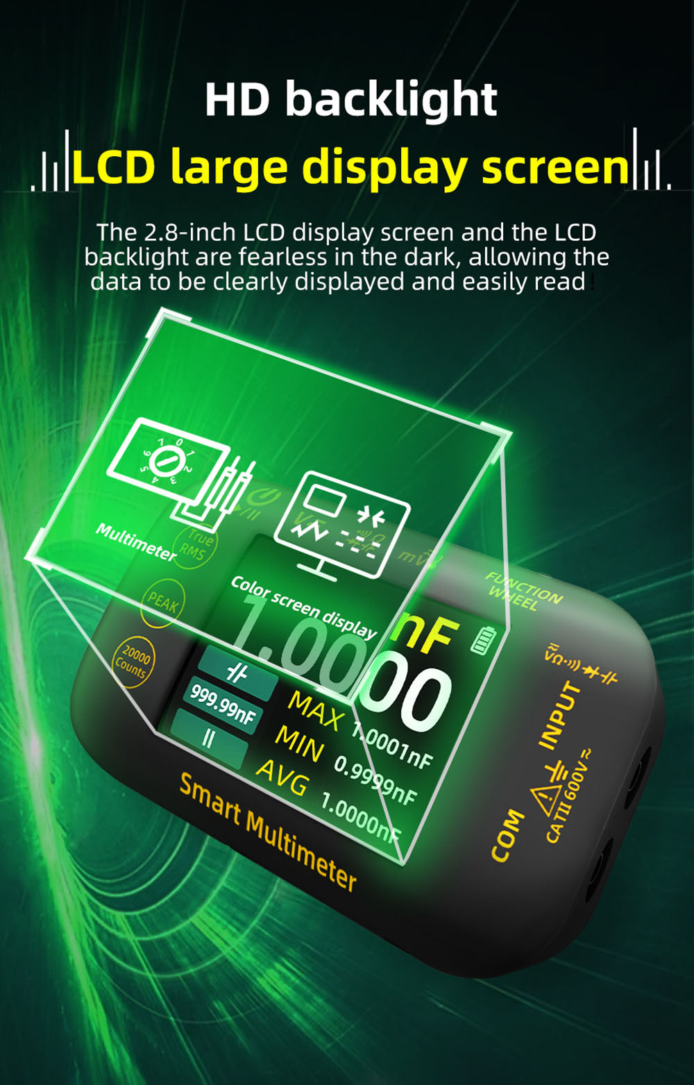 BSIDE S450 Digital Multimeter, 20000 Counts, 1000V, 2.8inch LCD Screen, Graphic Recording, Type-C Charging Port, Photovoltaic Voltage Millivolt AC Peak Meter