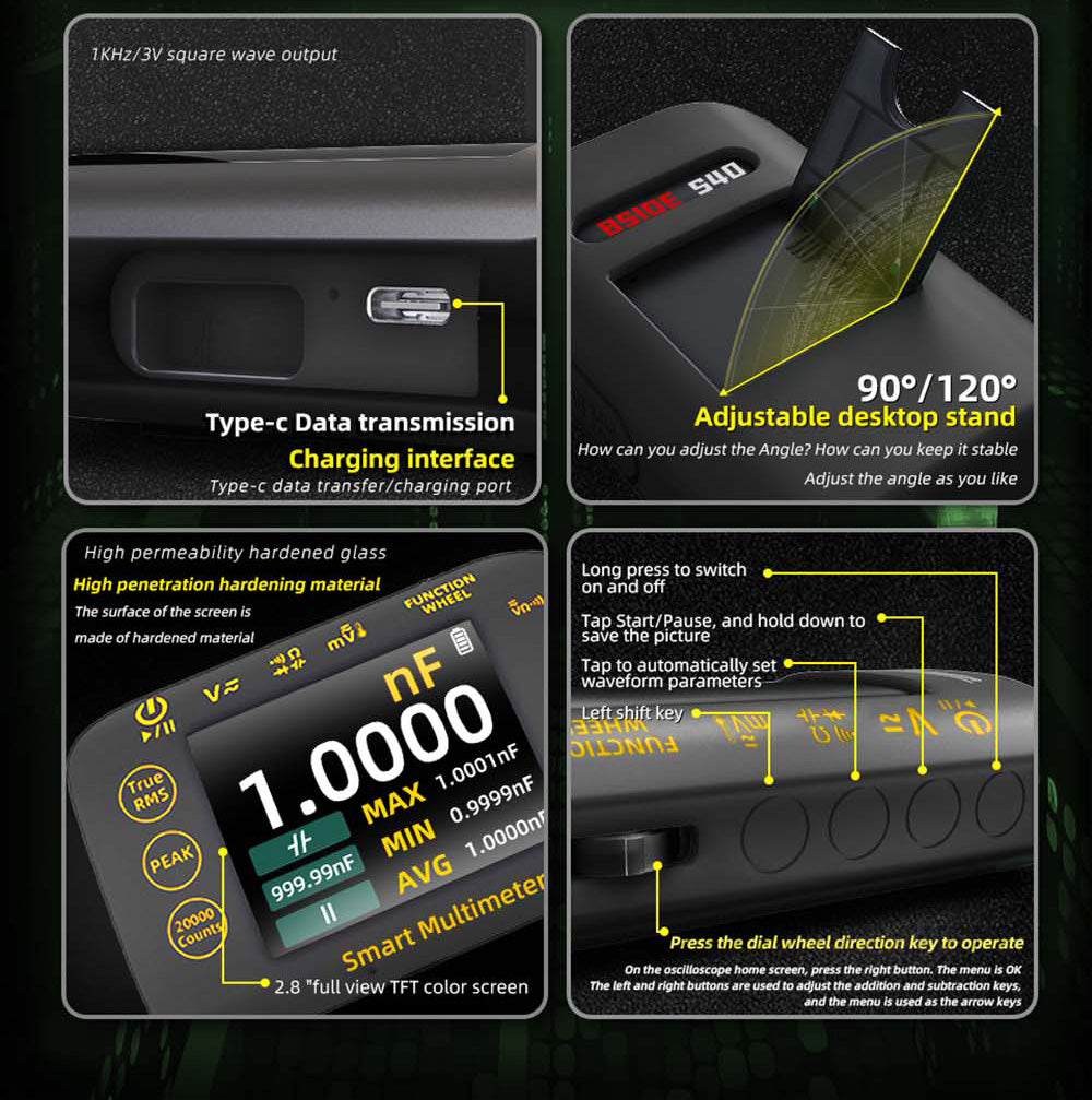 BSIDE S450 Digital Multimeter, 20000 Counts, 1000V, 2.8inch LCD Screen, Graphic Recording, Type-C Charging Port, Photovoltaic Voltage Millivolt AC Peak Meter