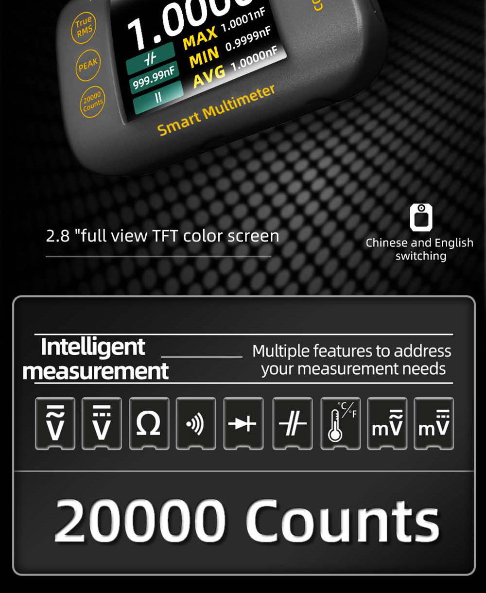 BSIDE S450 Digital Multimeter, 20000 Counts, 1000V, 2.8inch LCD Screen, Graphic Recording, Type-C Charging Port, Photovoltaic Voltage Millivolt AC Peak Meter