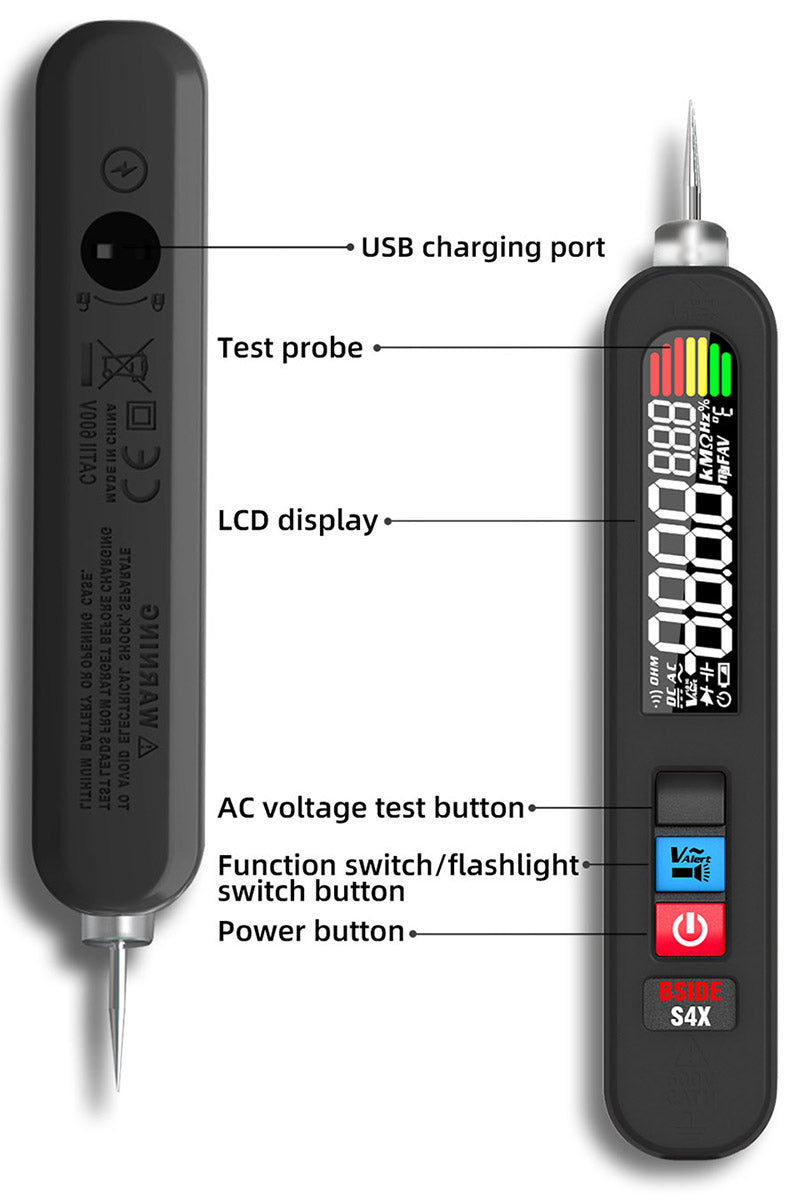 BSIDE S4X 12V-300V Voltage Tester Pen, EBTN Display, Non-Contact Detection, Leakage Live Wire Breakpoint Finder, 400mAh Lithium Battery - Black