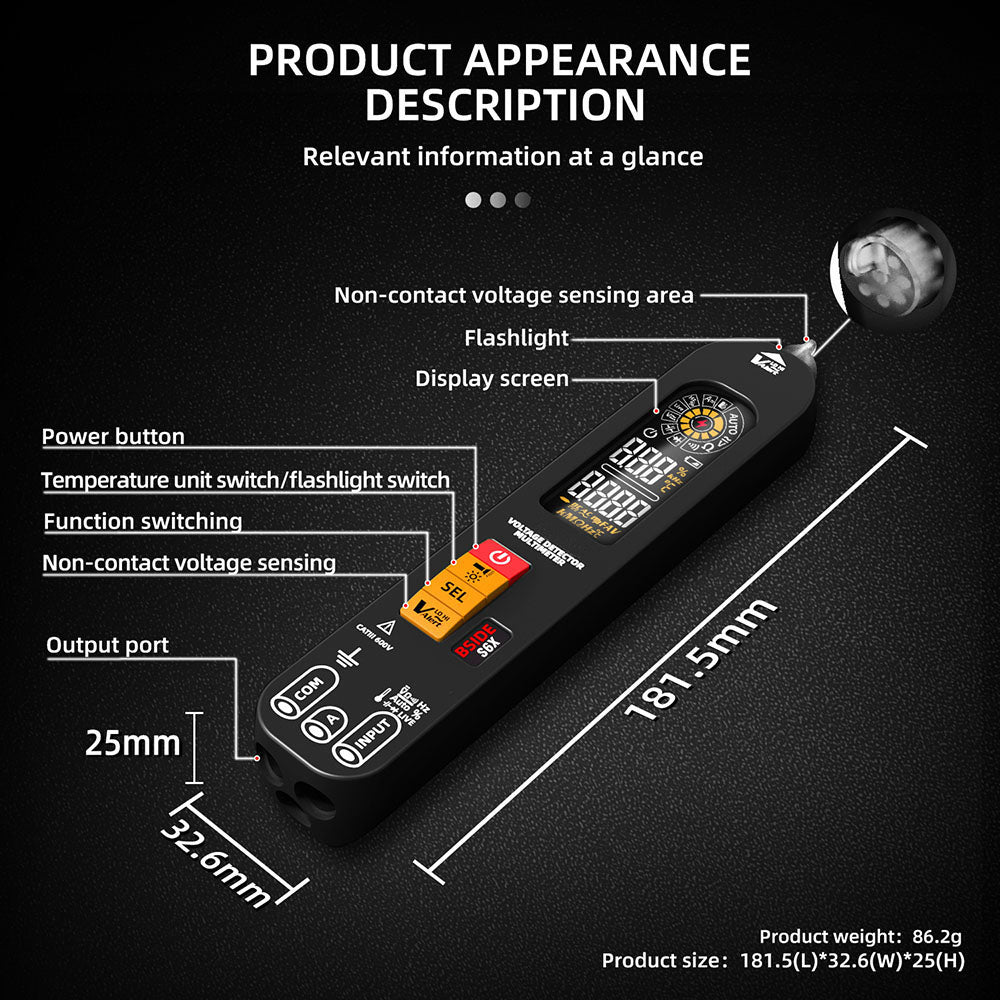 BSIDE S6X Intelligent Multimeter, EBTN Color Screen, Pen Type Voltage Current Capacitance Nai Multimeter, Rechargeable 400mAh Li-ion Battery